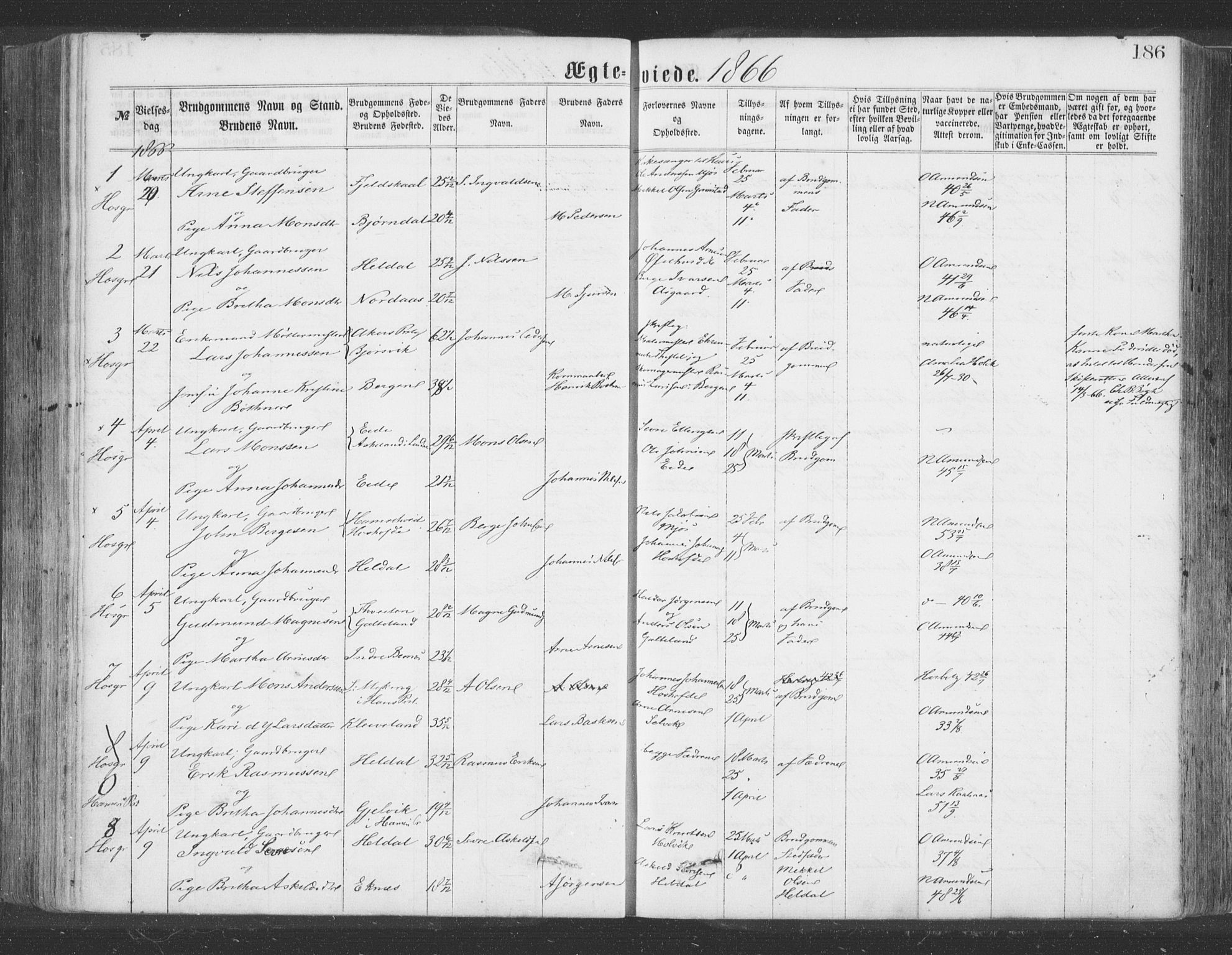 Hosanger sokneprestembete, AV/SAB-A-75801/H/Haa: Parish register (official) no. A 9, 1864-1876, p. 186