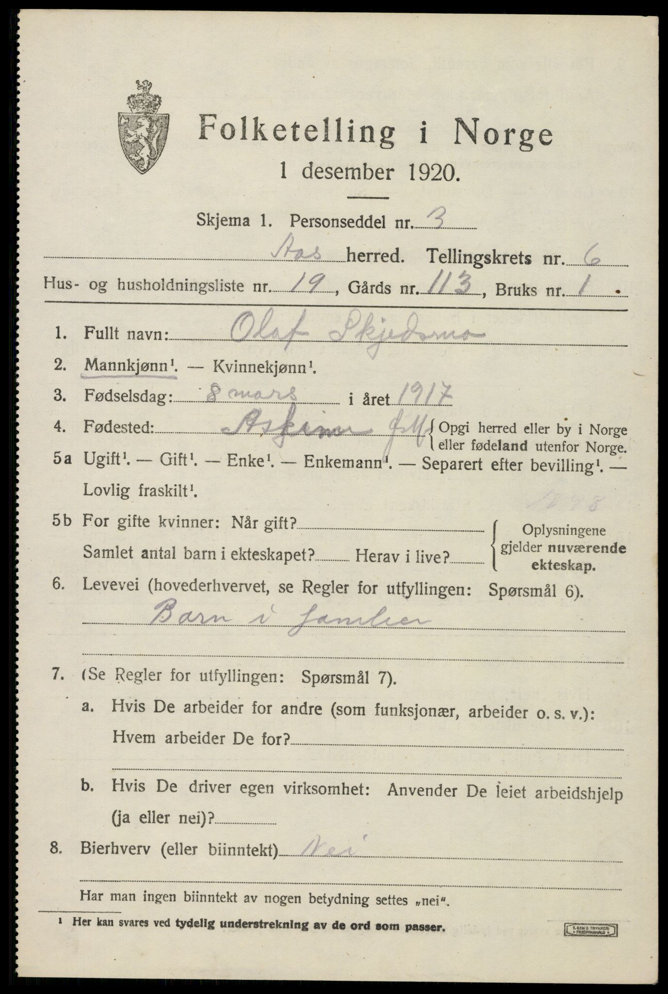 SAO, 1920 census for Ås, 1920, p. 7046