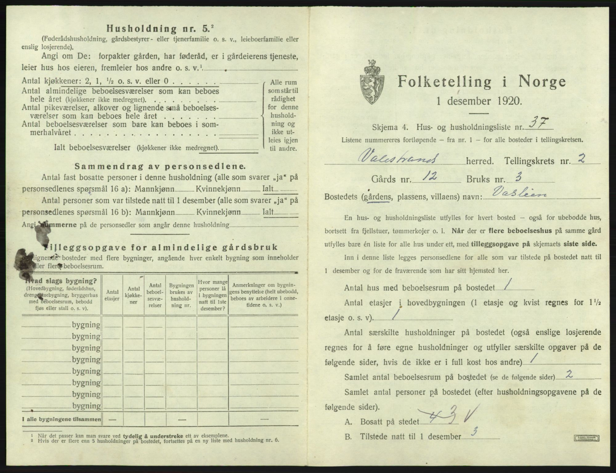 SAB, 1920 census for Valestrand, 1920, p. 159