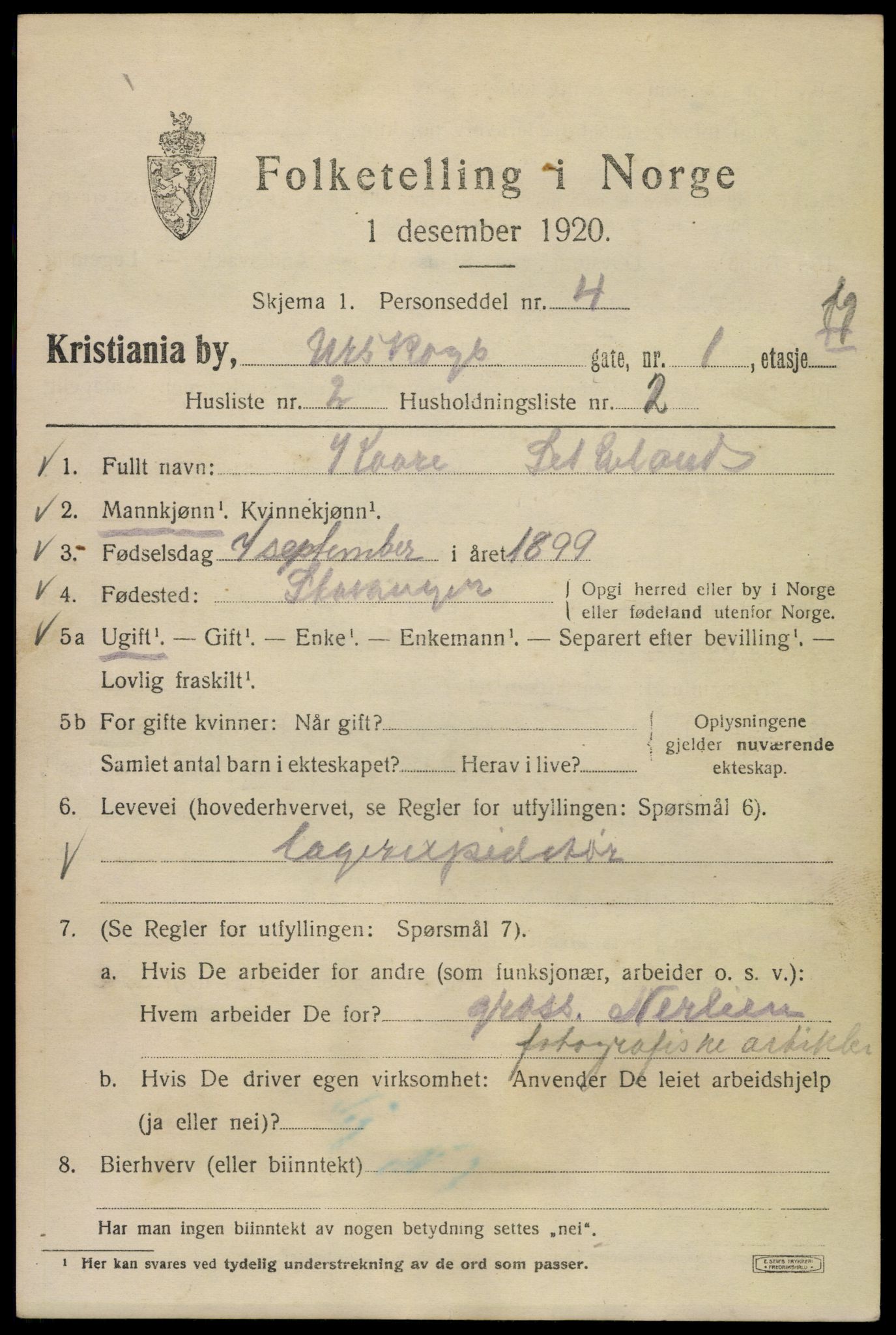 SAO, 1920 census for Kristiania, 1920, p. 620195