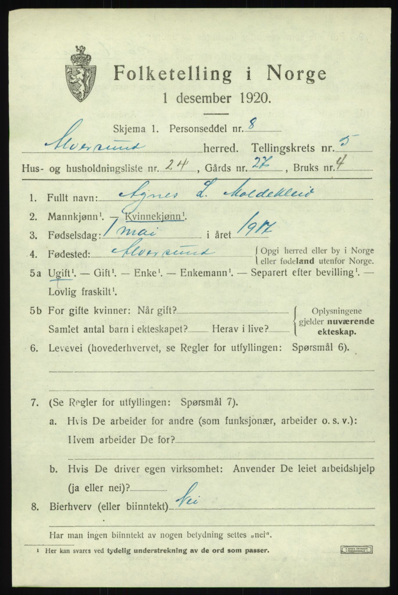 SAB, 1920 census for Alversund, 1920, p. 4308