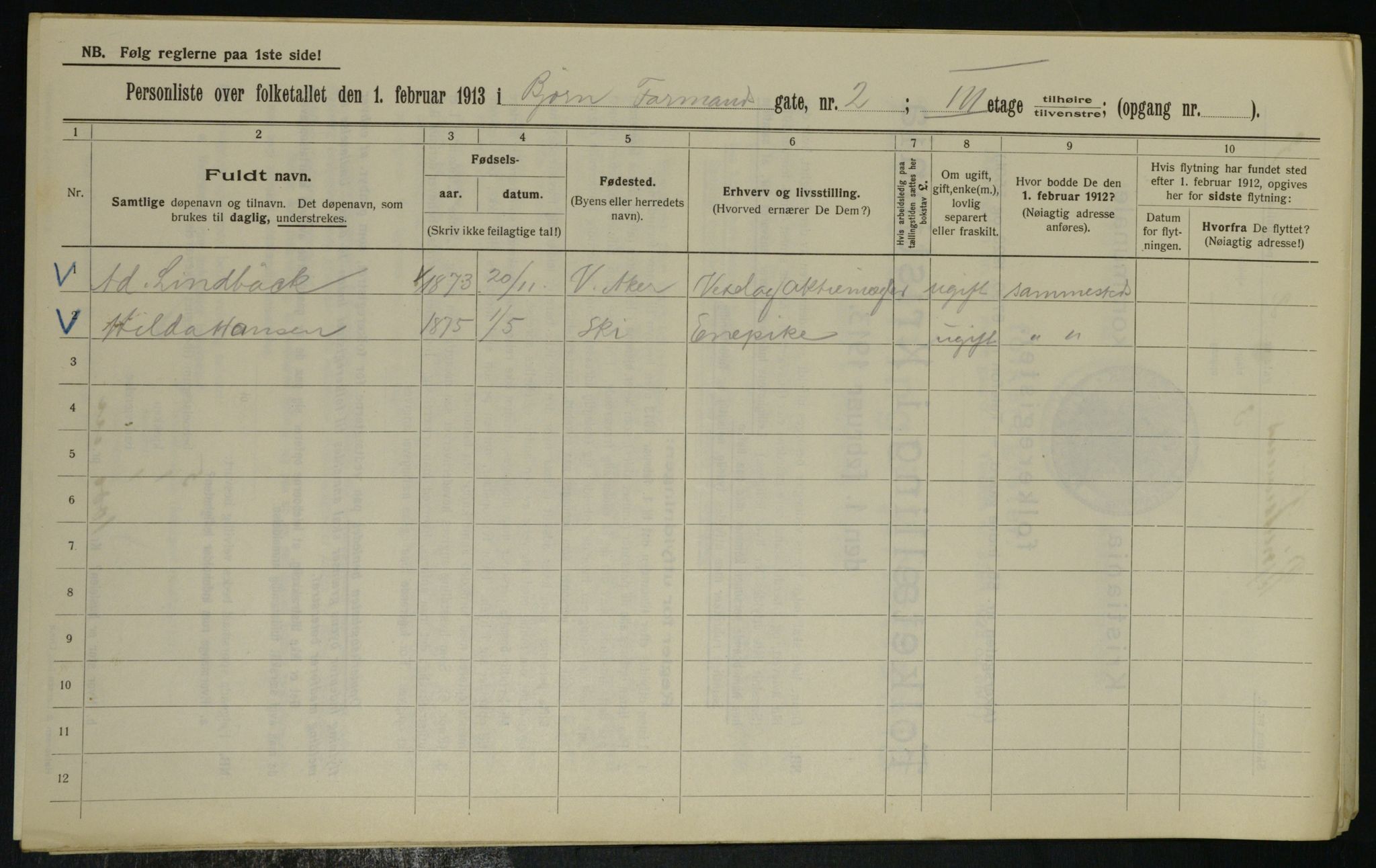 OBA, Municipal Census 1913 for Kristiania, 1913, p. 6446