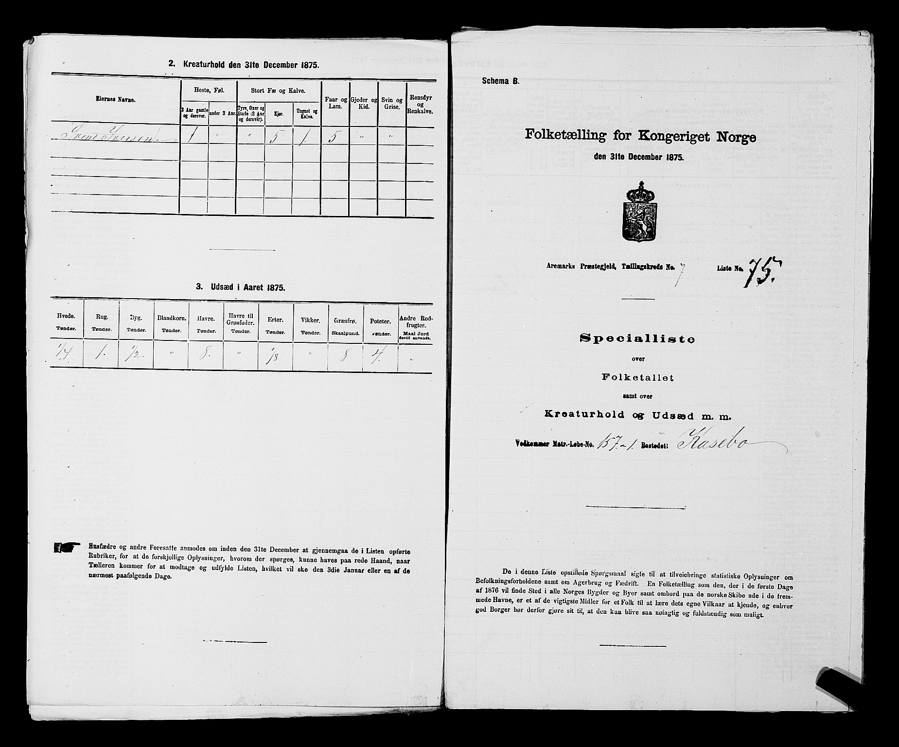 RA, 1875 census for 0118P Aremark, 1875, p. 1137