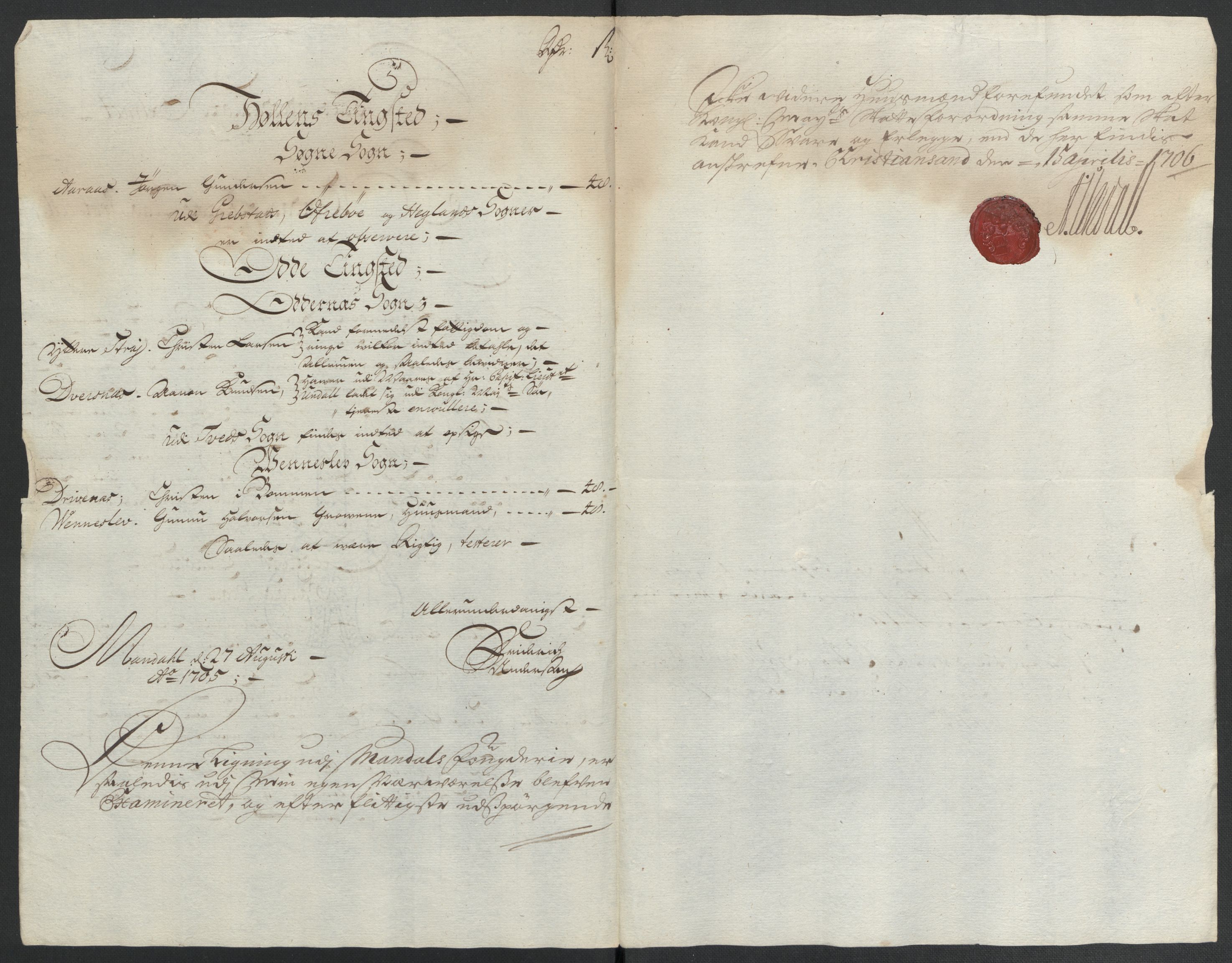 Rentekammeret inntil 1814, Reviderte regnskaper, Fogderegnskap, RA/EA-4092/R43/L2551: Fogderegnskap Lista og Mandal, 1705-1709, p. 57