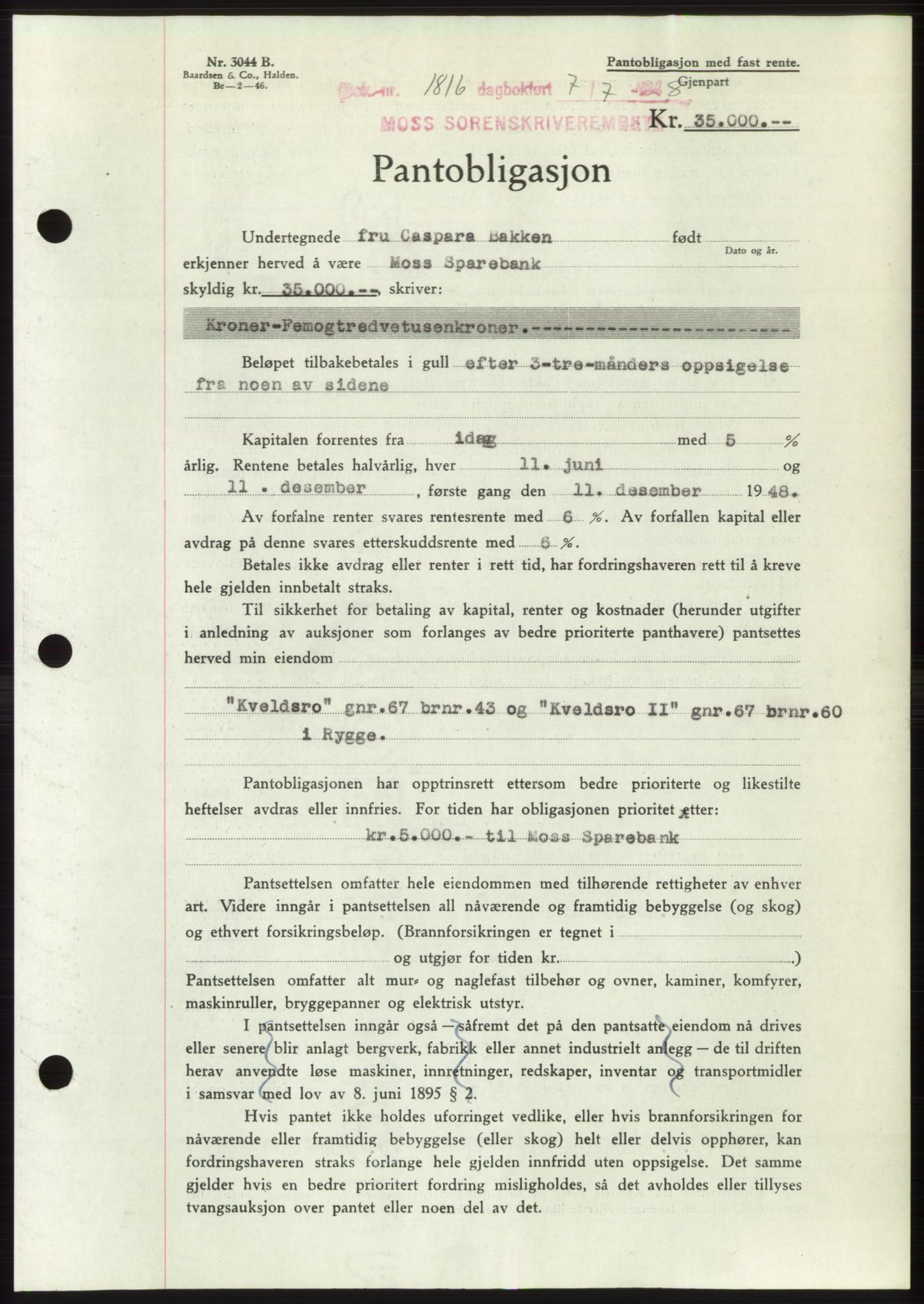 Moss sorenskriveri, AV/SAO-A-10168: Mortgage book no. B20, 1948-1948, Diary no: : 1816/1948