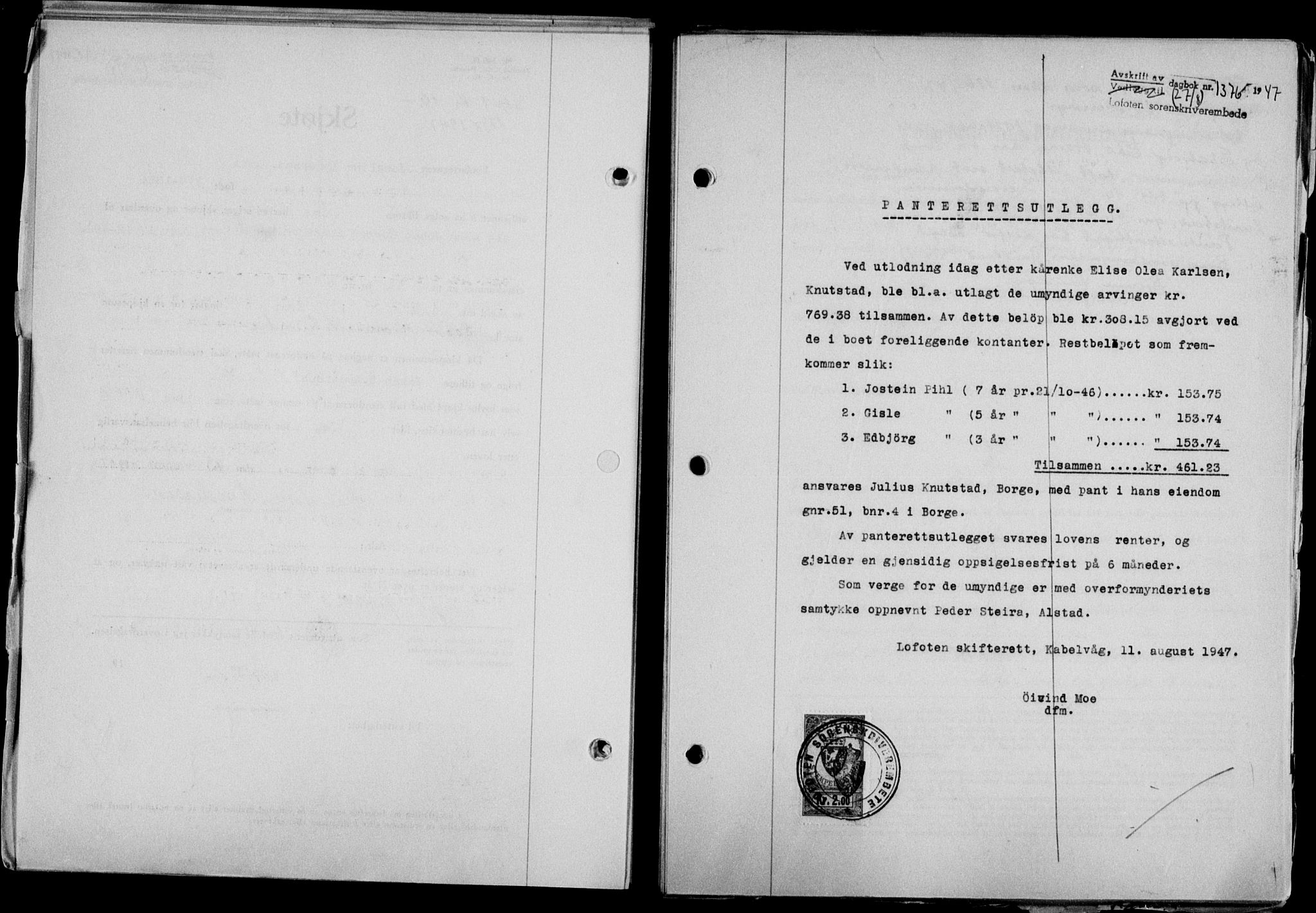 Lofoten sorenskriveri, SAT/A-0017/1/2/2C/L0016a: Mortgage book no. 16a, 1947-1947, Diary no: : 1376/1947