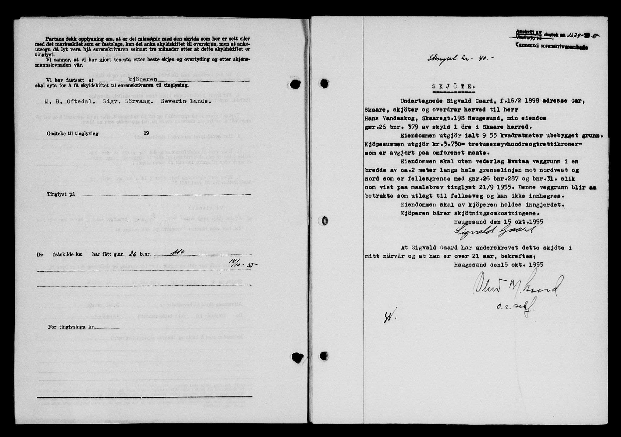 Karmsund sorenskriveri, SAST/A-100311/01/II/IIB/L0117: Mortgage book no. 97Aa, 1955-1955, Diary no: : 3279/1955