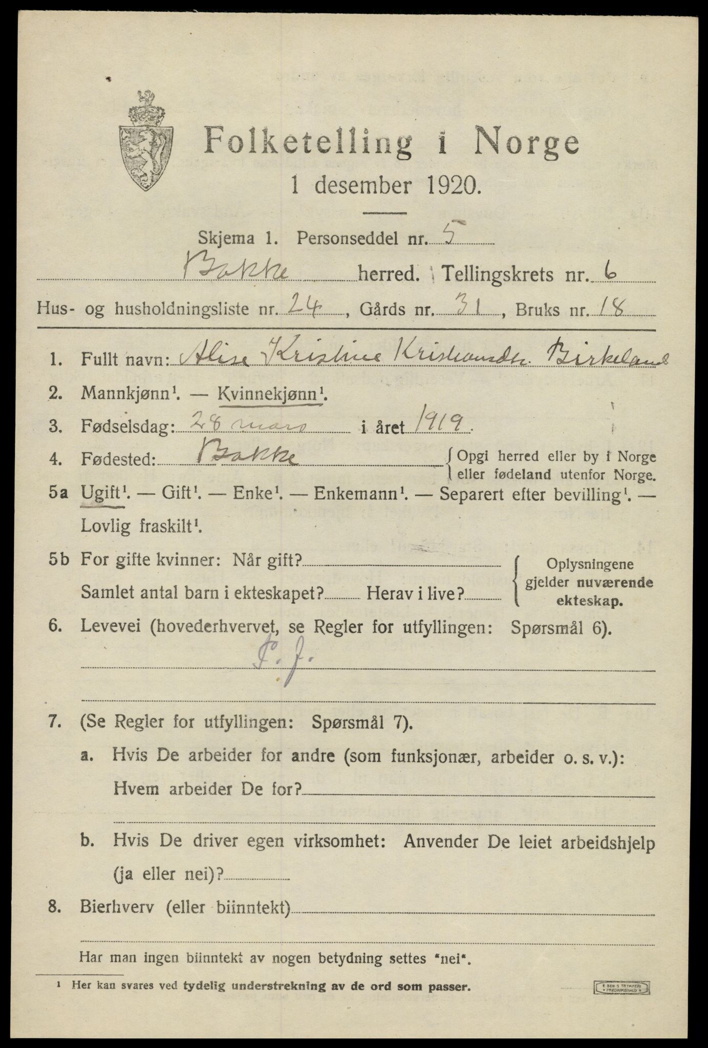 SAK, 1920 census for Bakke, 1920, p. 2098