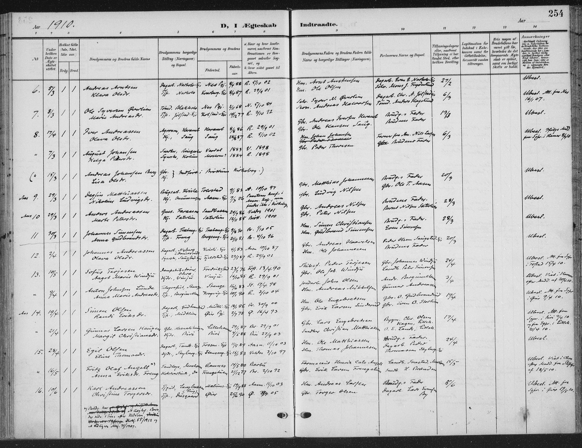 Ringsaker prestekontor, AV/SAH-PREST-014/K/Ka/L0018: Parish register (official) no. 18, 1903-1912, p. 254