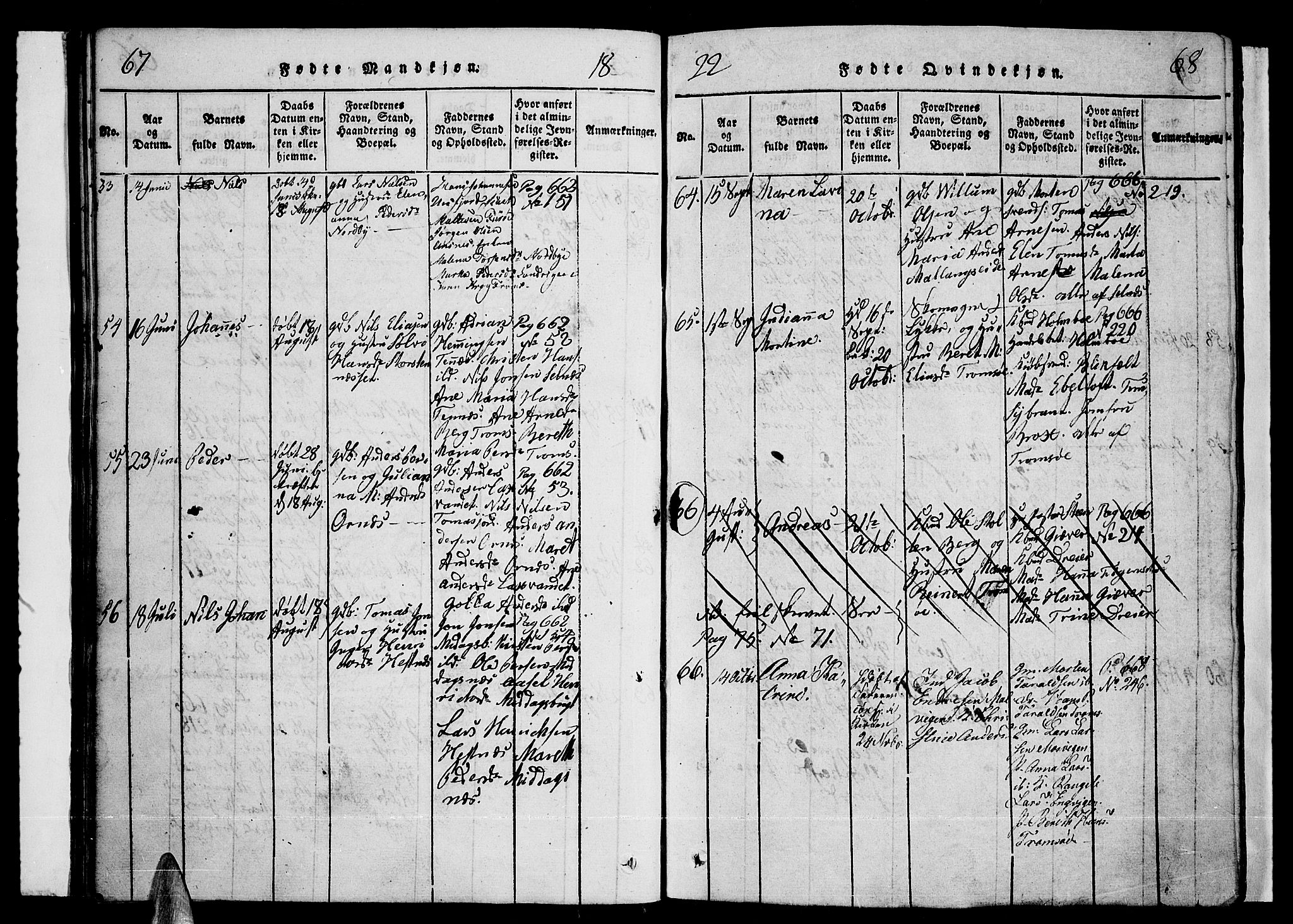 Tromsø sokneprestkontor/stiftsprosti/domprosti, SATØ/S-1343/G/Ga/L0007kirke: Parish register (official) no. 7, 1821-1828, p. 67-68