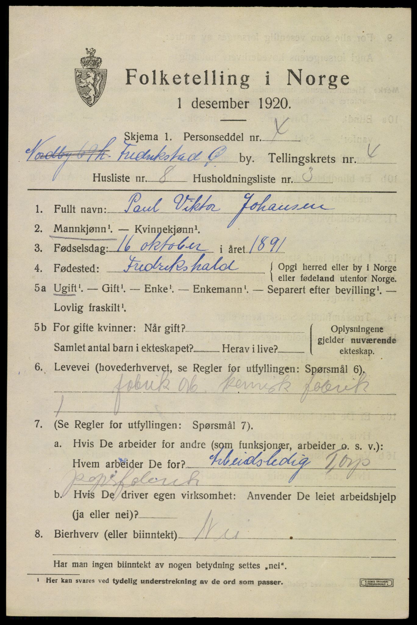 SAO, 1920 census for Fredrikstad, 1920, p. 17099