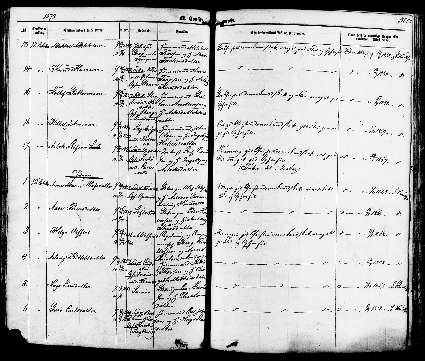 Kviteseid kirkebøker, AV/SAKO-A-276/F/Fa/L0007: Parish register (official) no. I 7, 1859-1881, p. 330