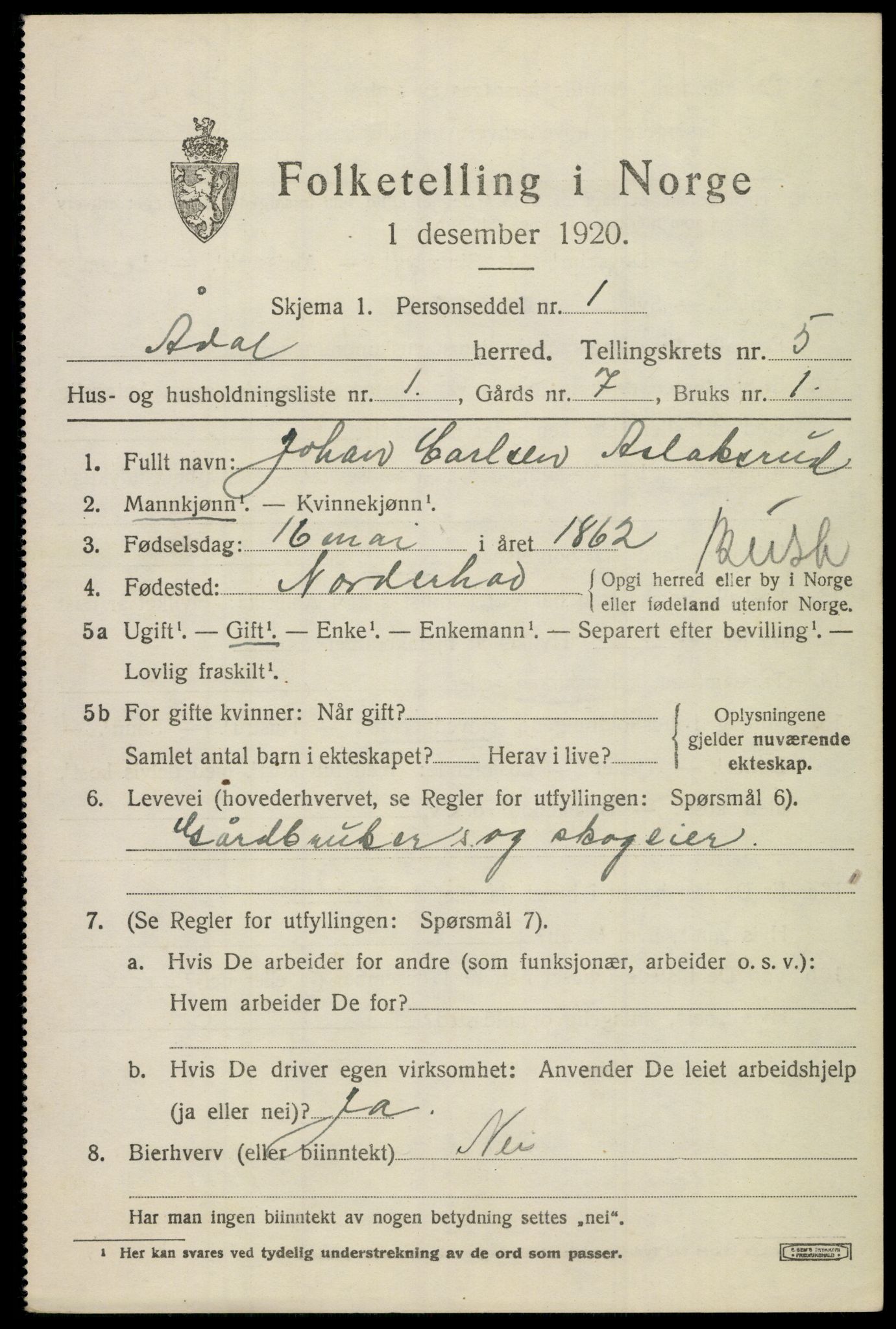 SAKO, 1920 census for Ådal, 1920, p. 4104