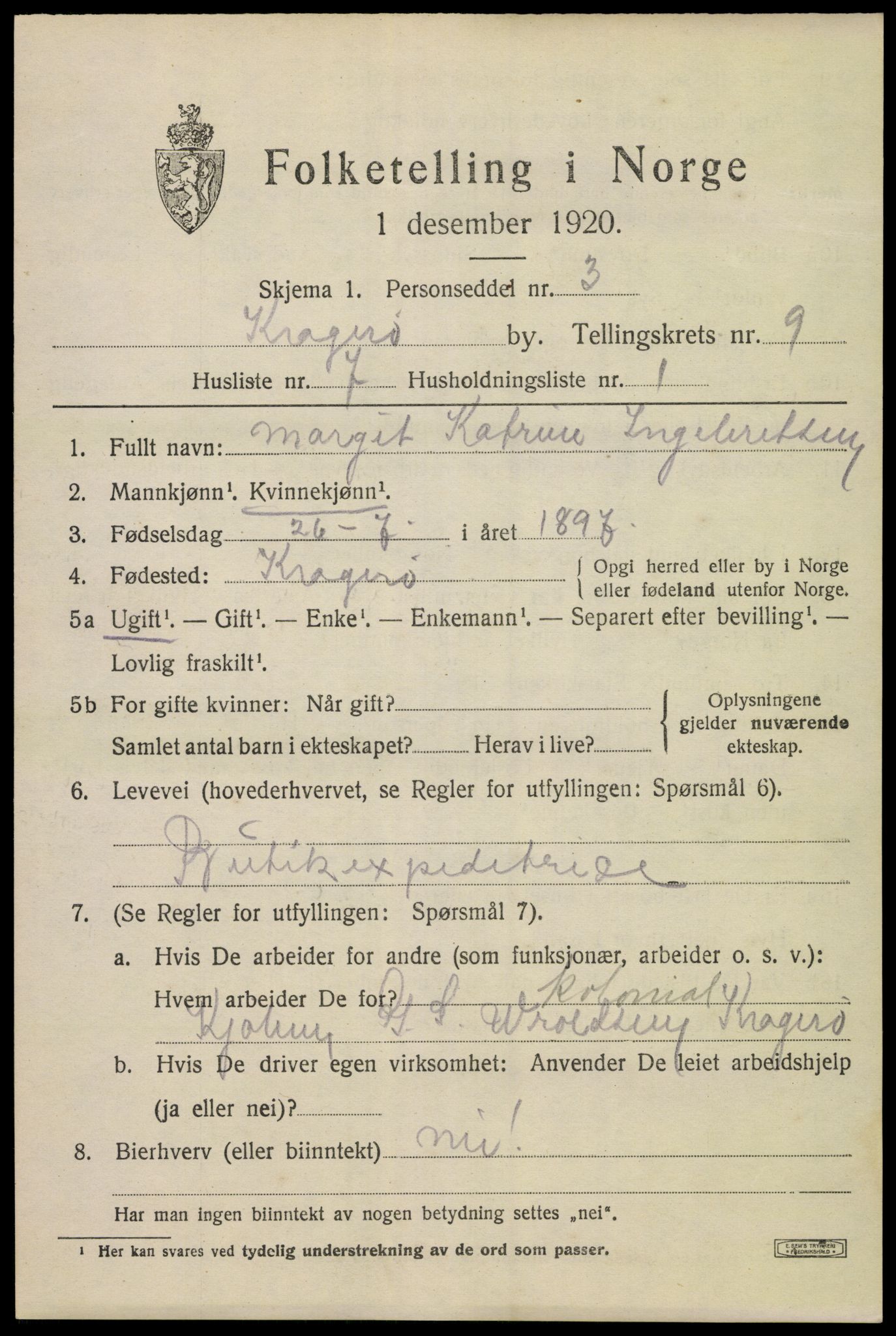 SAKO, 1920 census for Kragerø, 1920, p. 12019