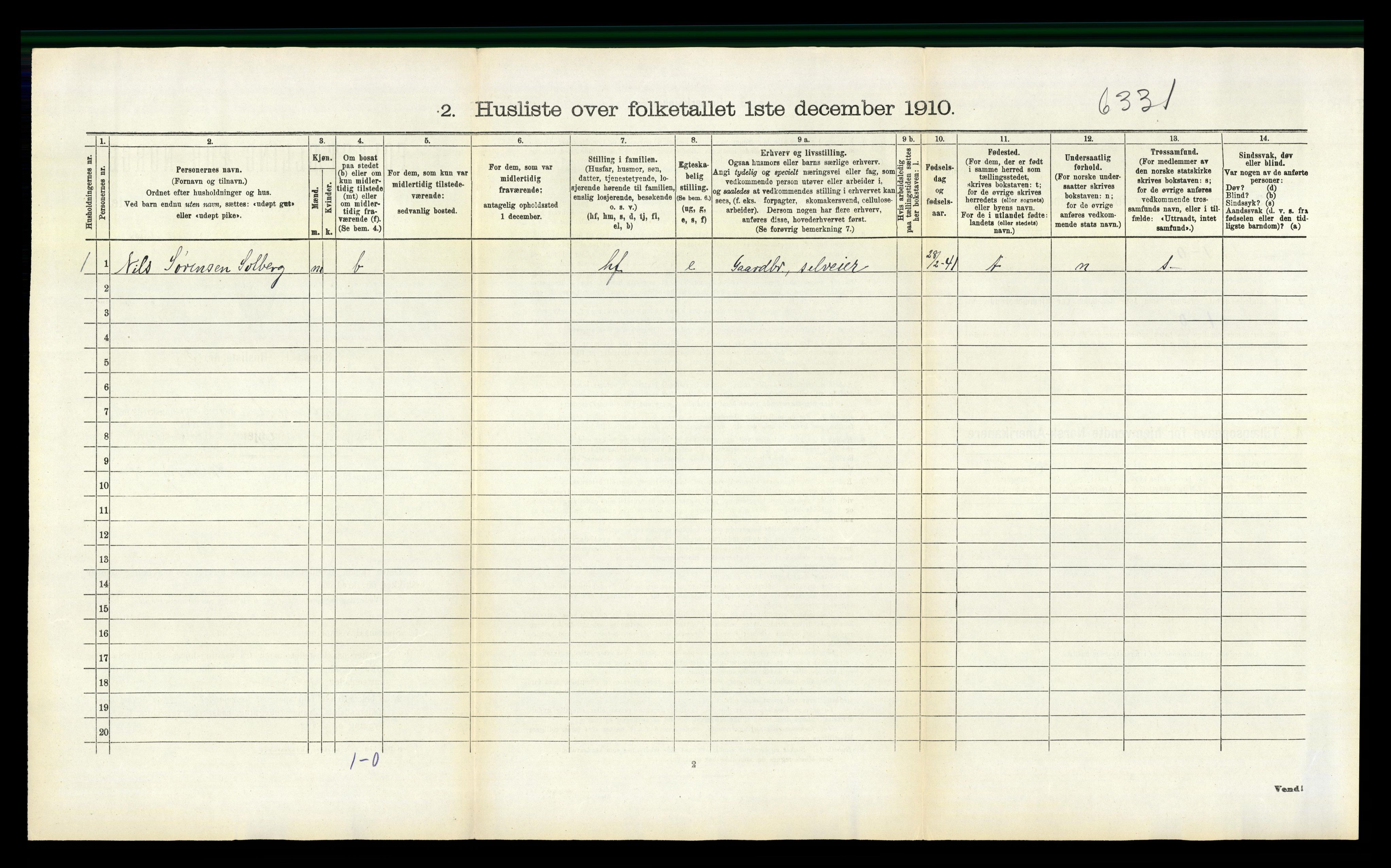 RA, 1910 census for Bjelland, 1910, p. 397