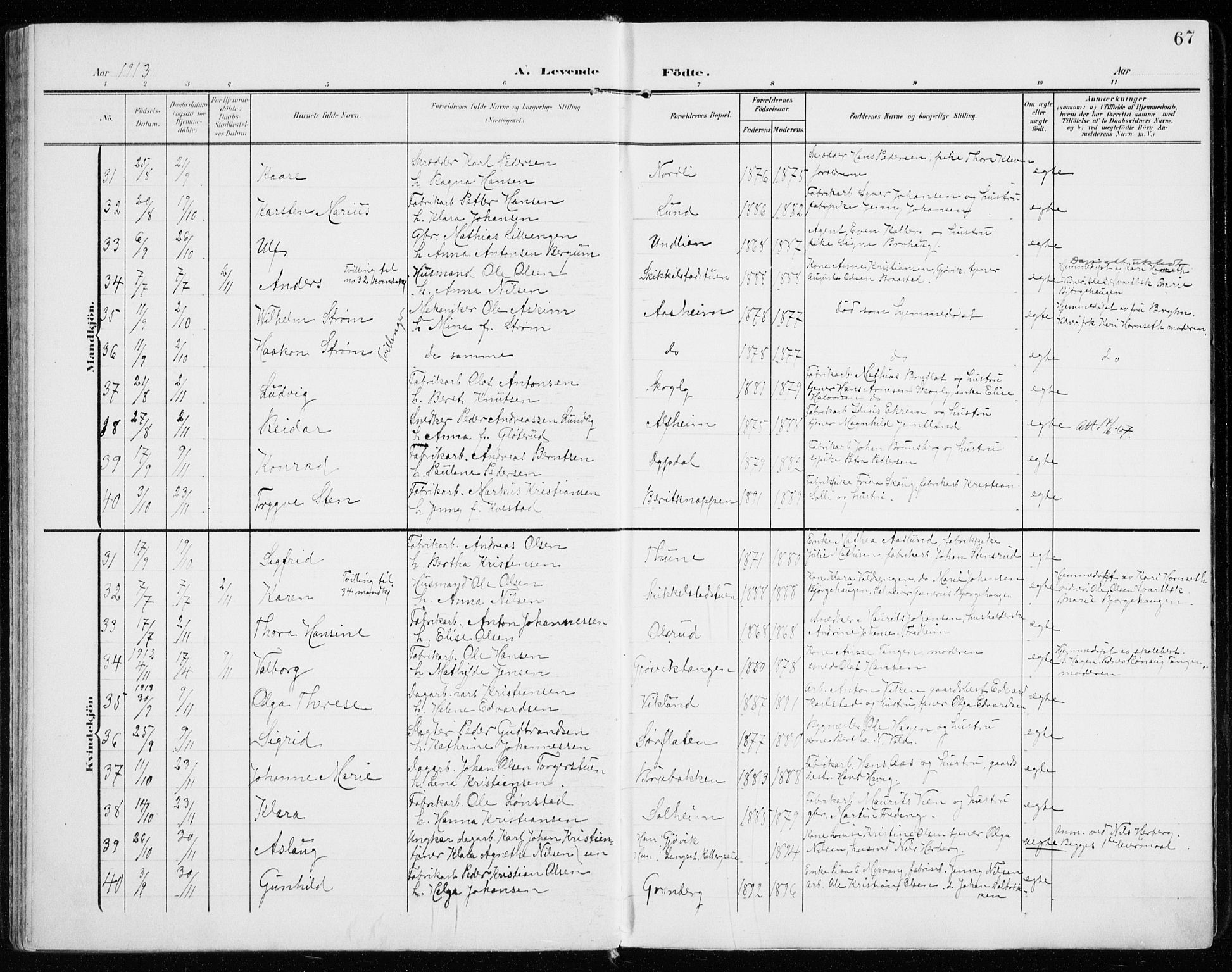 Vardal prestekontor, SAH/PREST-100/H/Ha/Haa/L0016: Parish register (official) no. 16, 1904-1916, p. 67