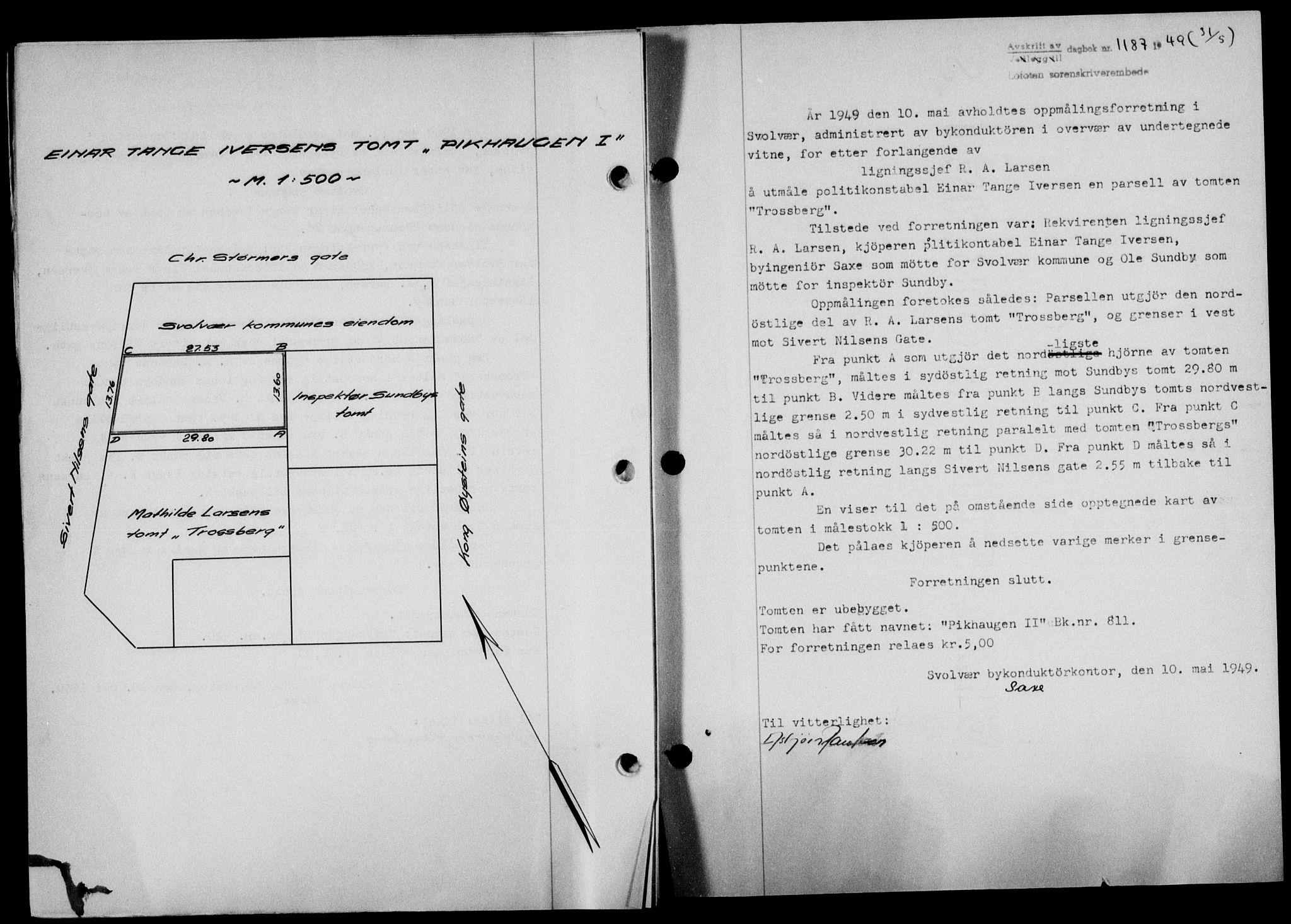 Lofoten sorenskriveri, SAT/A-0017/1/2/2C/L0020a: Mortgage book no. 20a, 1948-1949, Diary no: : 1187/1949