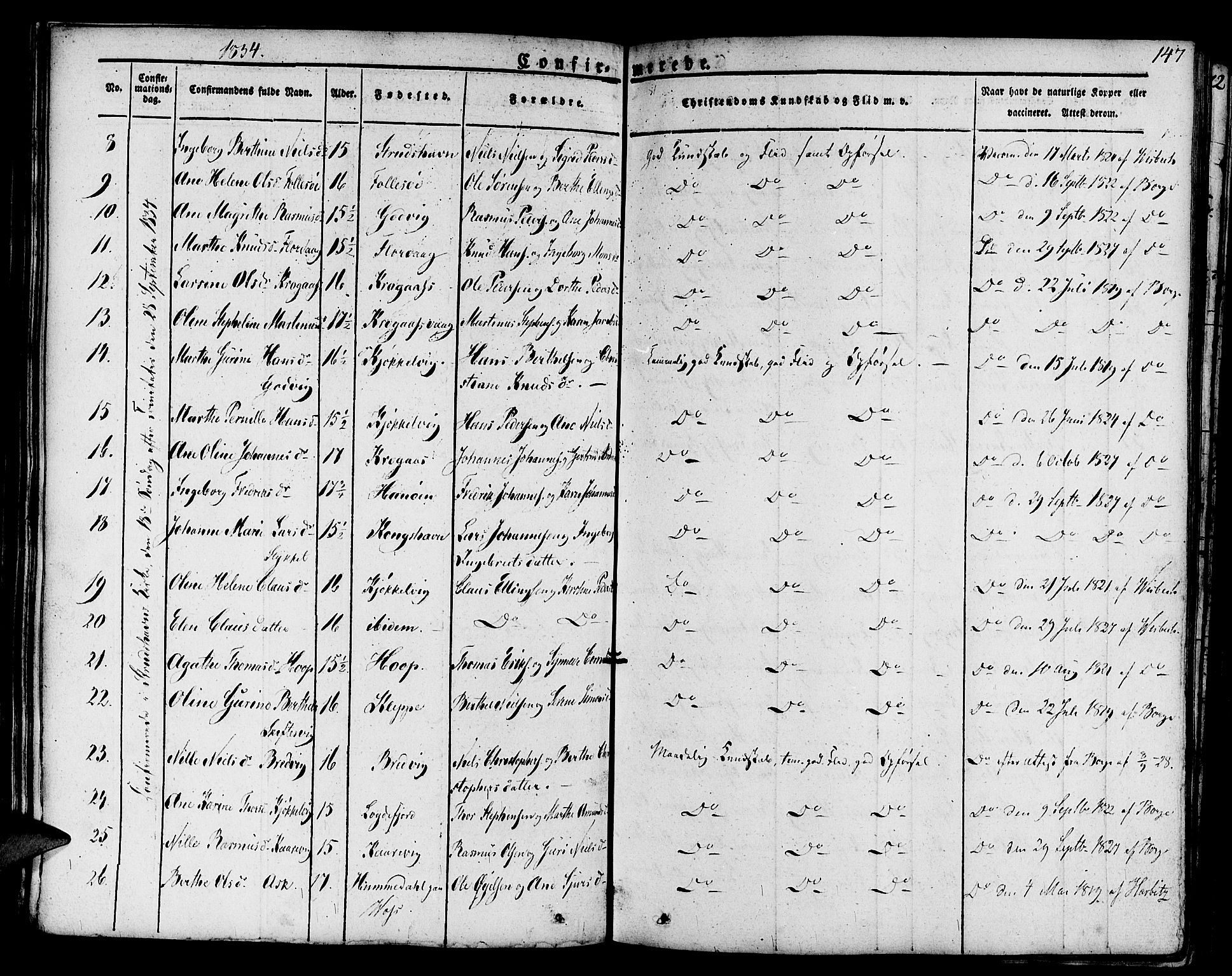 Askøy Sokneprestembete, SAB/A-74101/H/Ha/Haa/Haaa/L0004: Parish register (official) no. A 4, 1825-1845, p. 147