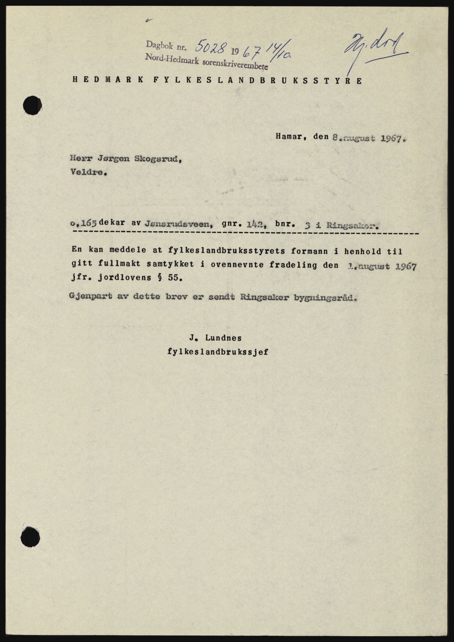 Nord-Hedmark sorenskriveri, SAH/TING-012/H/Hc/L0026: Mortgage book no. 26, 1967-1967, Diary no: : 5028/1967