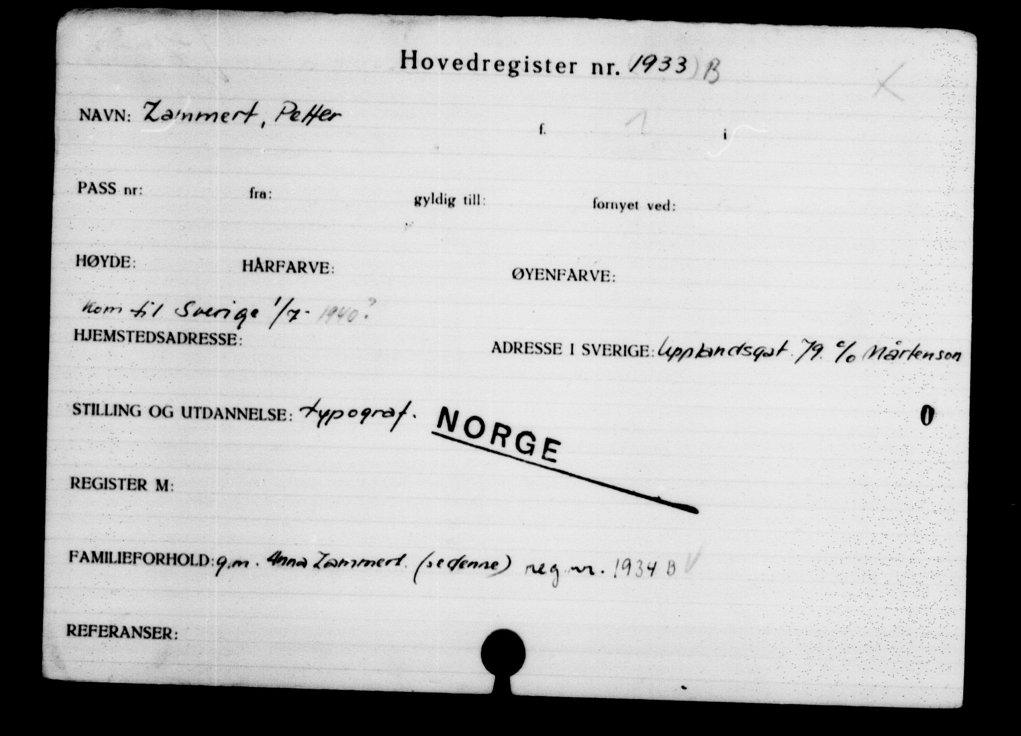 Den Kgl. Norske Legasjons Flyktningskontor, AV/RA-S-6753/V/Va/L0002: Kjesäterkartoteket.  Flyktningenr. 1001-2000, 1940-1945, p. 1329