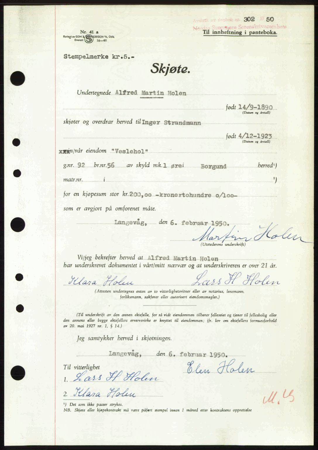 Nordre Sunnmøre sorenskriveri, AV/SAT-A-0006/1/2/2C/2Ca: Mortgage book no. A33, 1949-1950, Diary no: : 302/1950