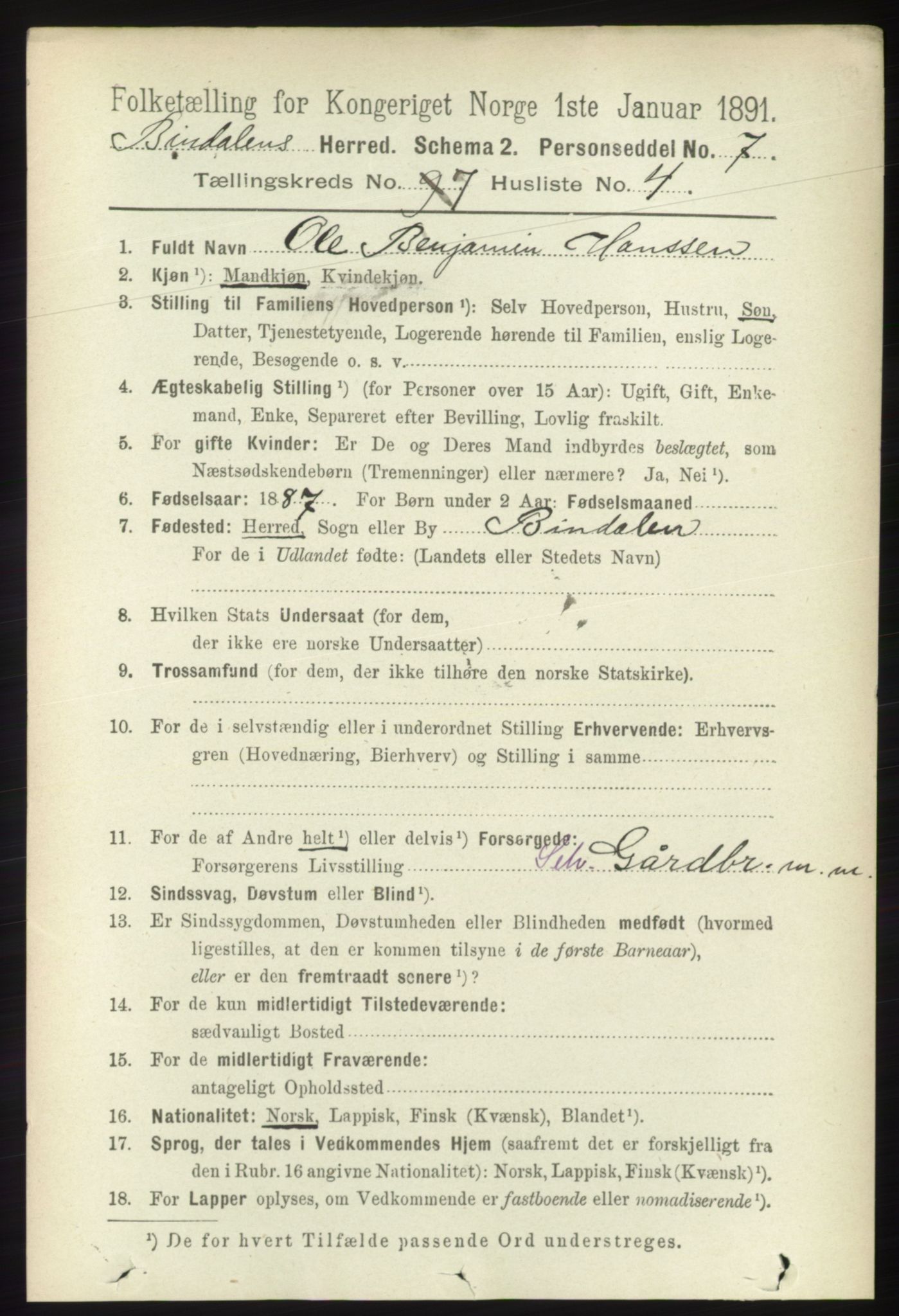 RA, 1891 census for 1811 Bindal, 1891, p. 2280