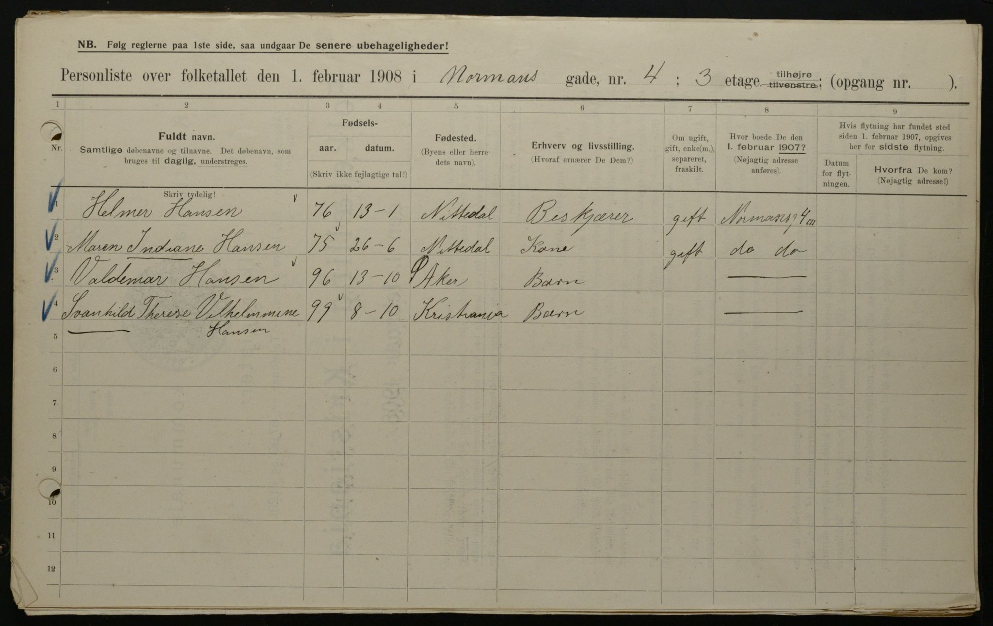 OBA, Municipal Census 1908 for Kristiania, 1908, p. 66007