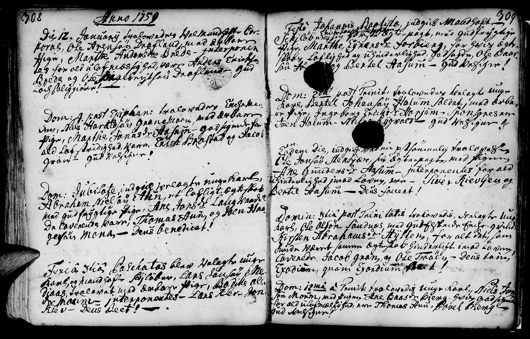 Ministerialprotokoller, klokkerbøker og fødselsregistre - Nord-Trøndelag, SAT/A-1458/749/L0467: Parish register (official) no. 749A01, 1733-1787, p. 308-309