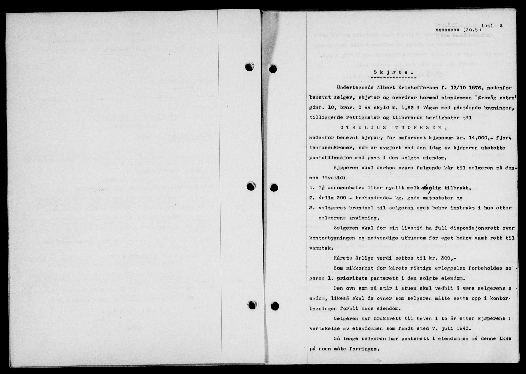 Lofoten sorenskriveri, SAT/A-0017/1/2/2C/L0011a: Mortgage book no. 11a, 1943-1943, Diary no: : 1041/1943