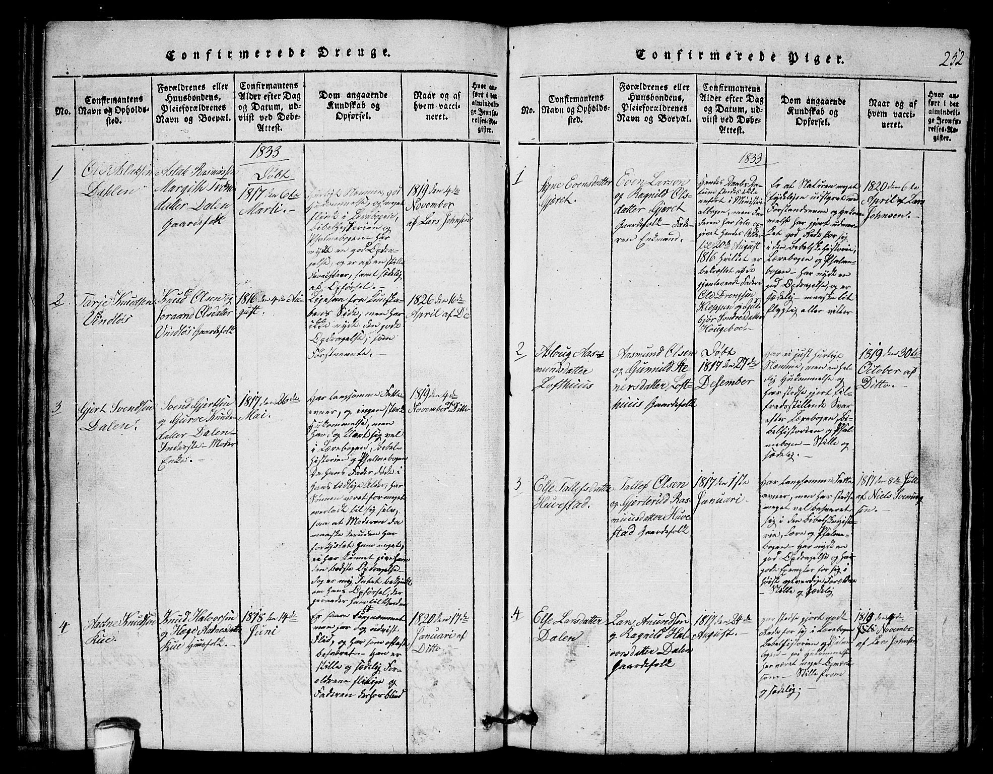 Lårdal kirkebøker, SAKO/A-284/G/Gb/L0001: Parish register (copy) no. II 1, 1815-1865, p. 252