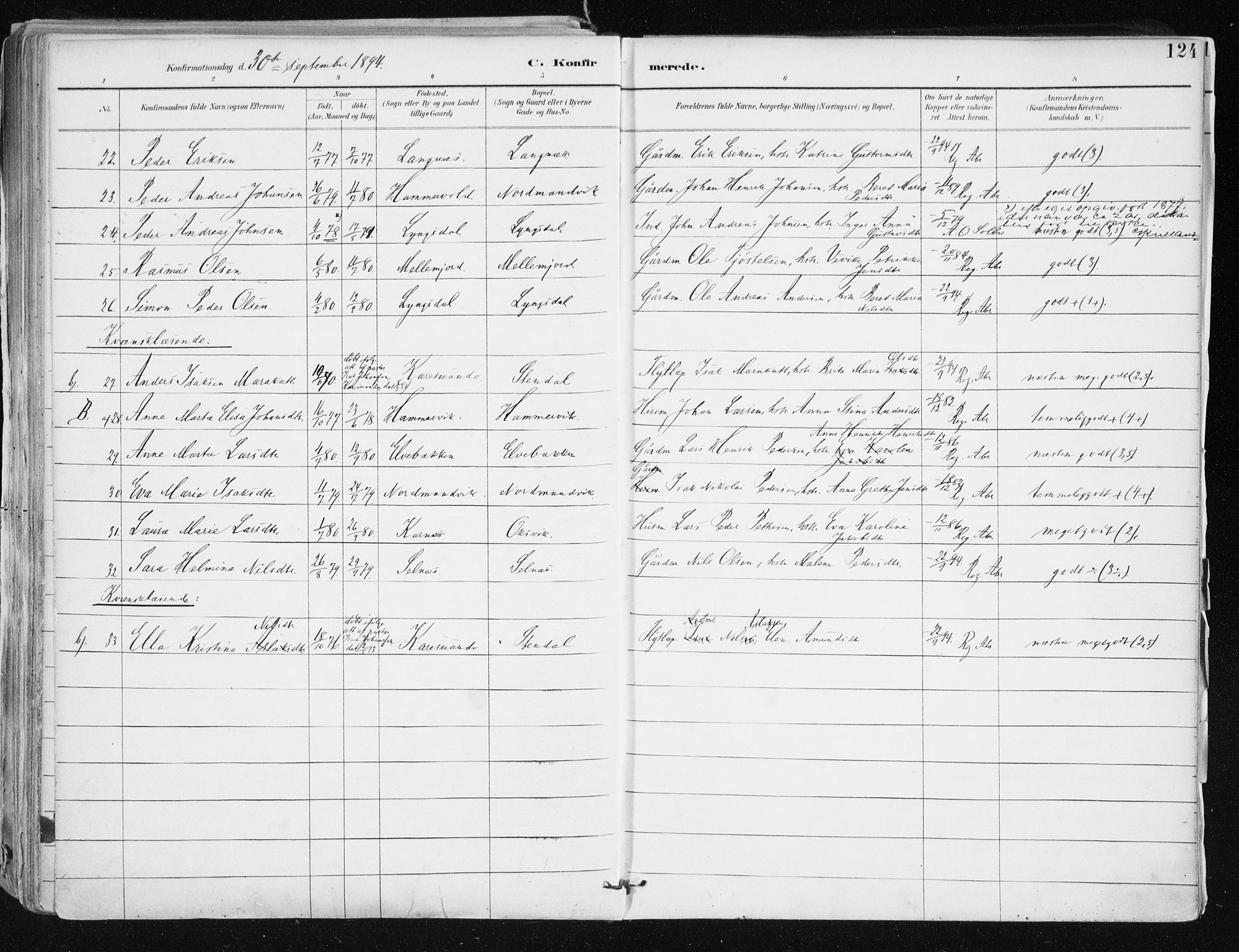 Lyngen sokneprestembete, AV/SATØ-S-1289/H/He/Hea/L0008kirke: Parish register (official) no. 8, 1891-1902, p. 124