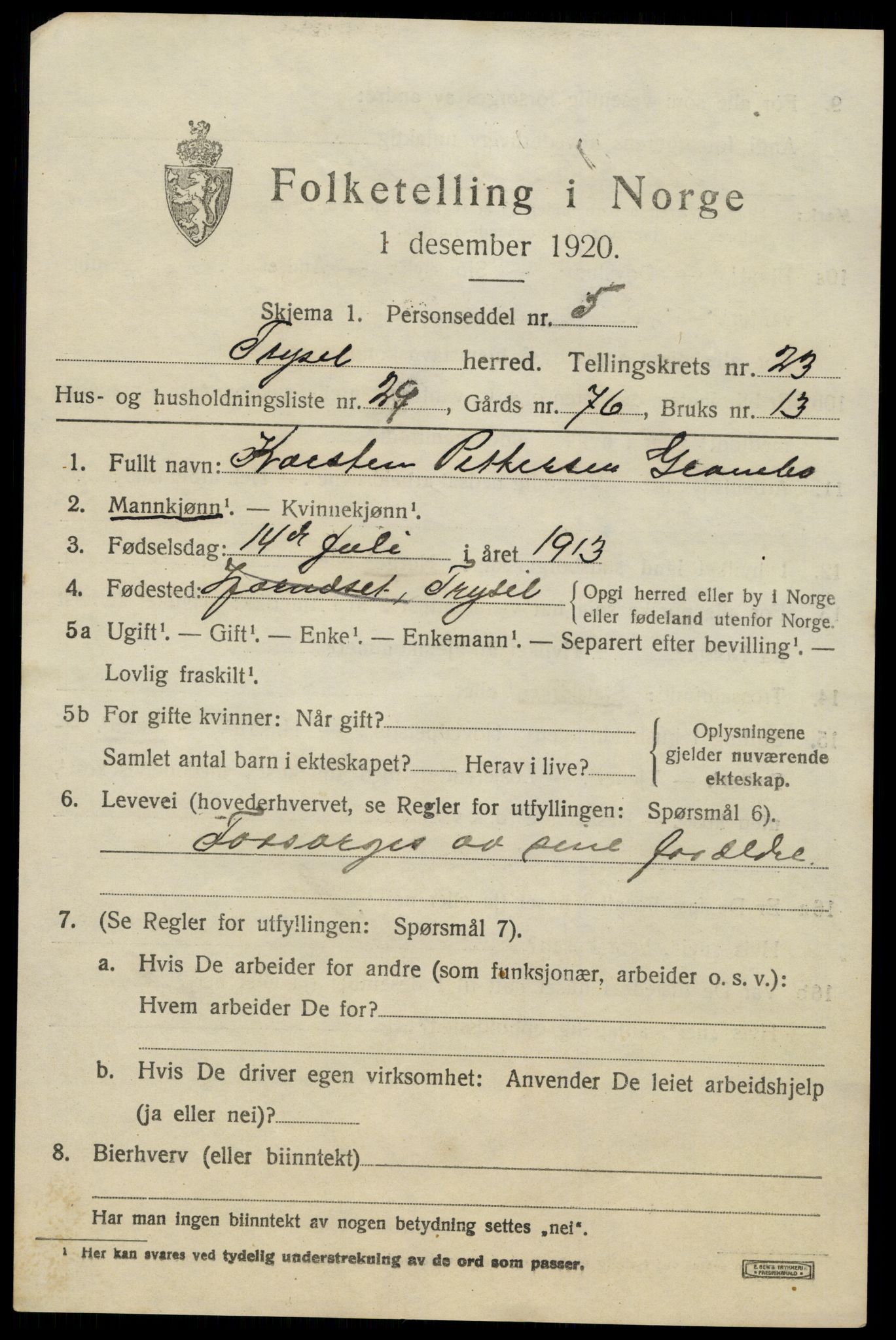 SAH, 1920 census for Trysil, 1920, p. 15195