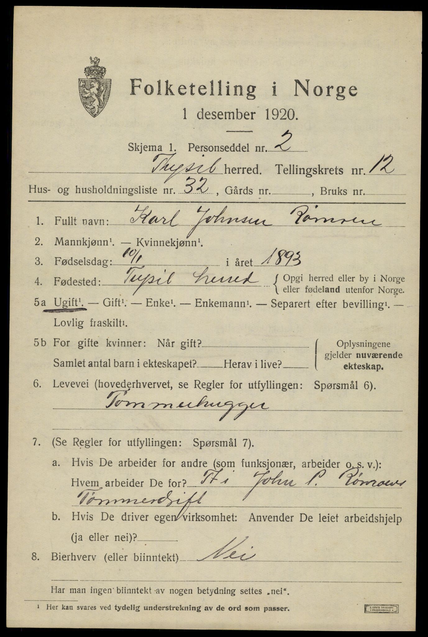 SAH, 1920 census for Trysil, 1920, p. 7563