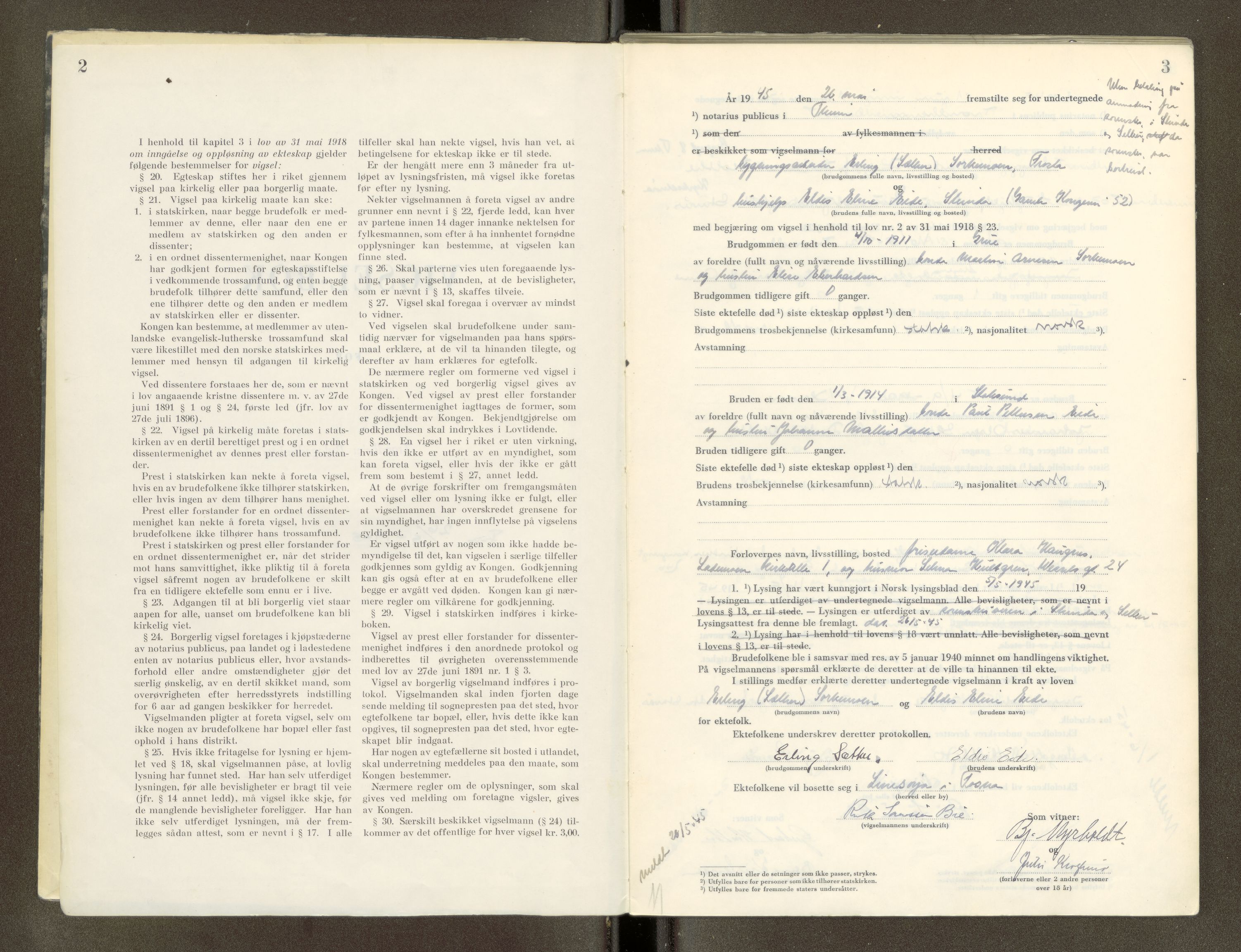 Trondheim byfogd, AV/SAT-A-0003/1/6/6D/L0005: Vigselbøker, 1944-1948, p. 2-3