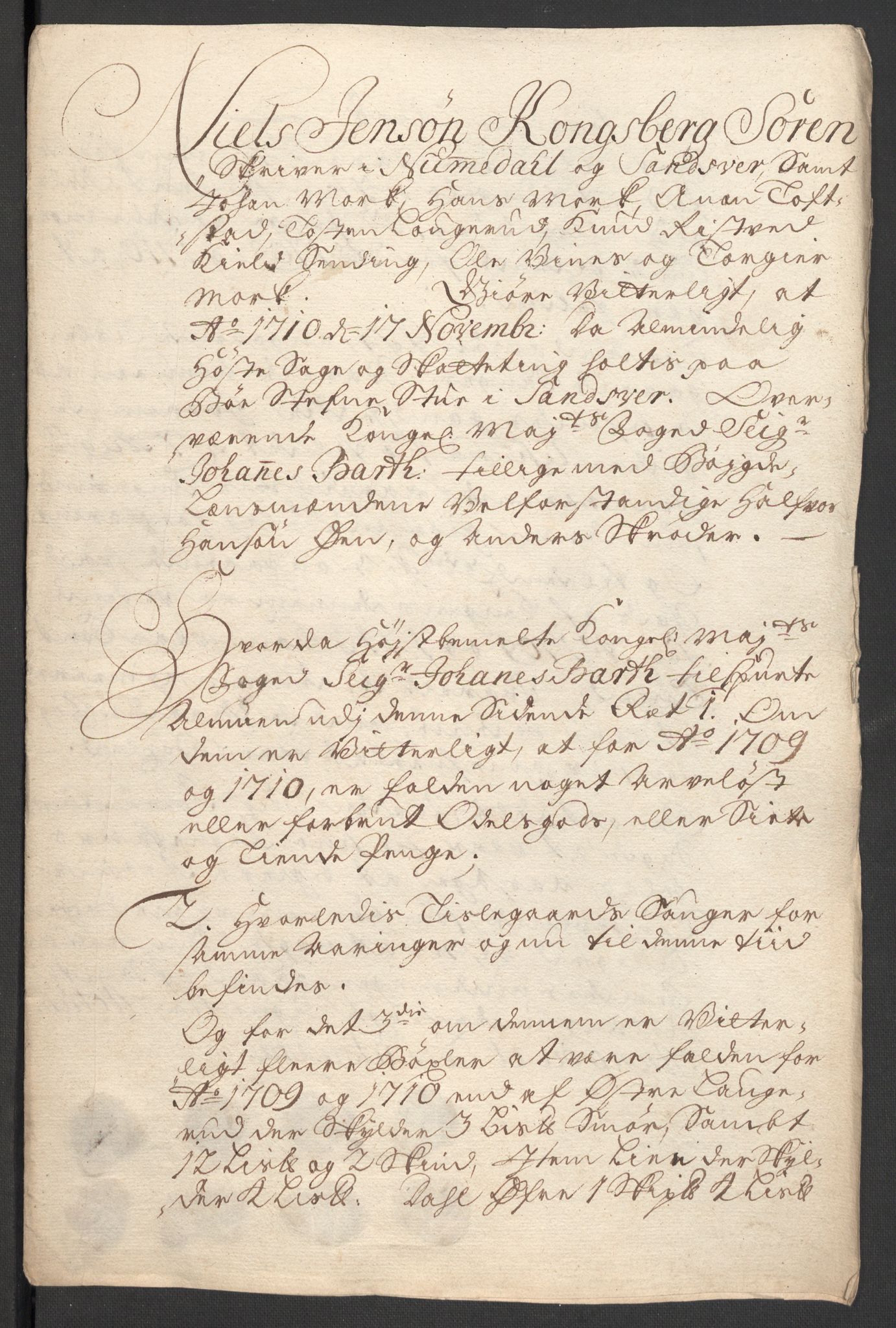 Rentekammeret inntil 1814, Reviderte regnskaper, Fogderegnskap, AV/RA-EA-4092/R24/L1585: Fogderegnskap Numedal og Sandsvær, 1709-1710, p. 195