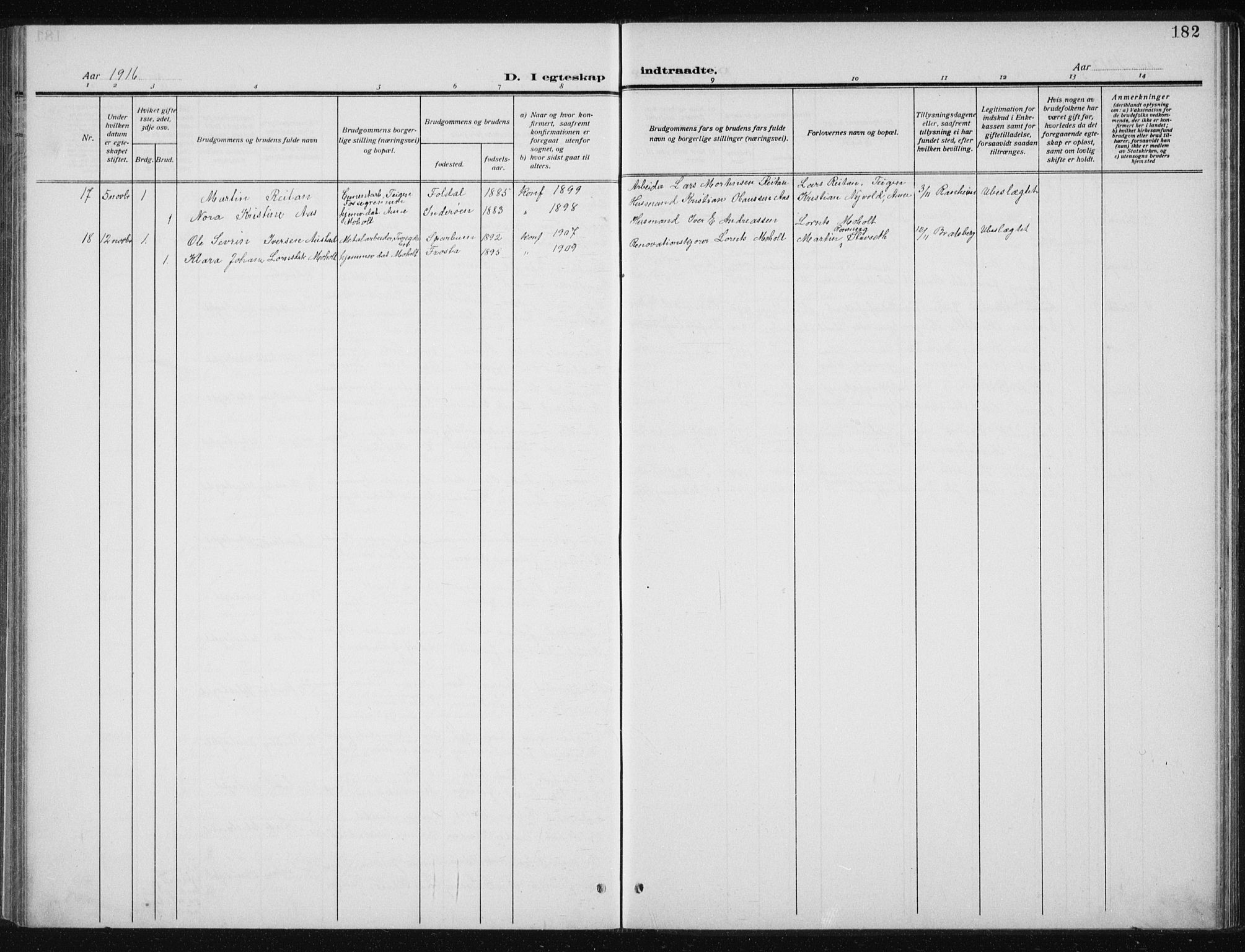 Ministerialprotokoller, klokkerbøker og fødselsregistre - Sør-Trøndelag, AV/SAT-A-1456/606/L0314: Parish register (copy) no. 606C10, 1911-1937, p. 182