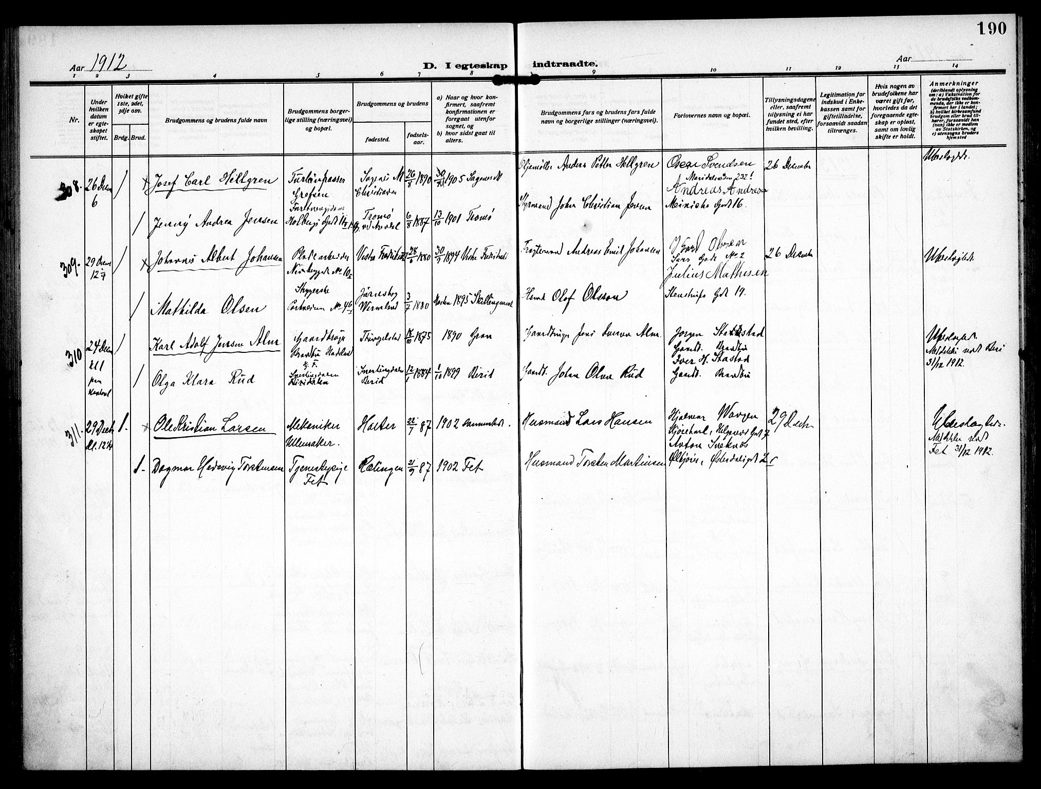 Trefoldighet prestekontor Kirkebøker, AV/SAO-A-10882/F/Fc/L0006: Parish register (official) no. III 6, 1908-1914, p. 190
