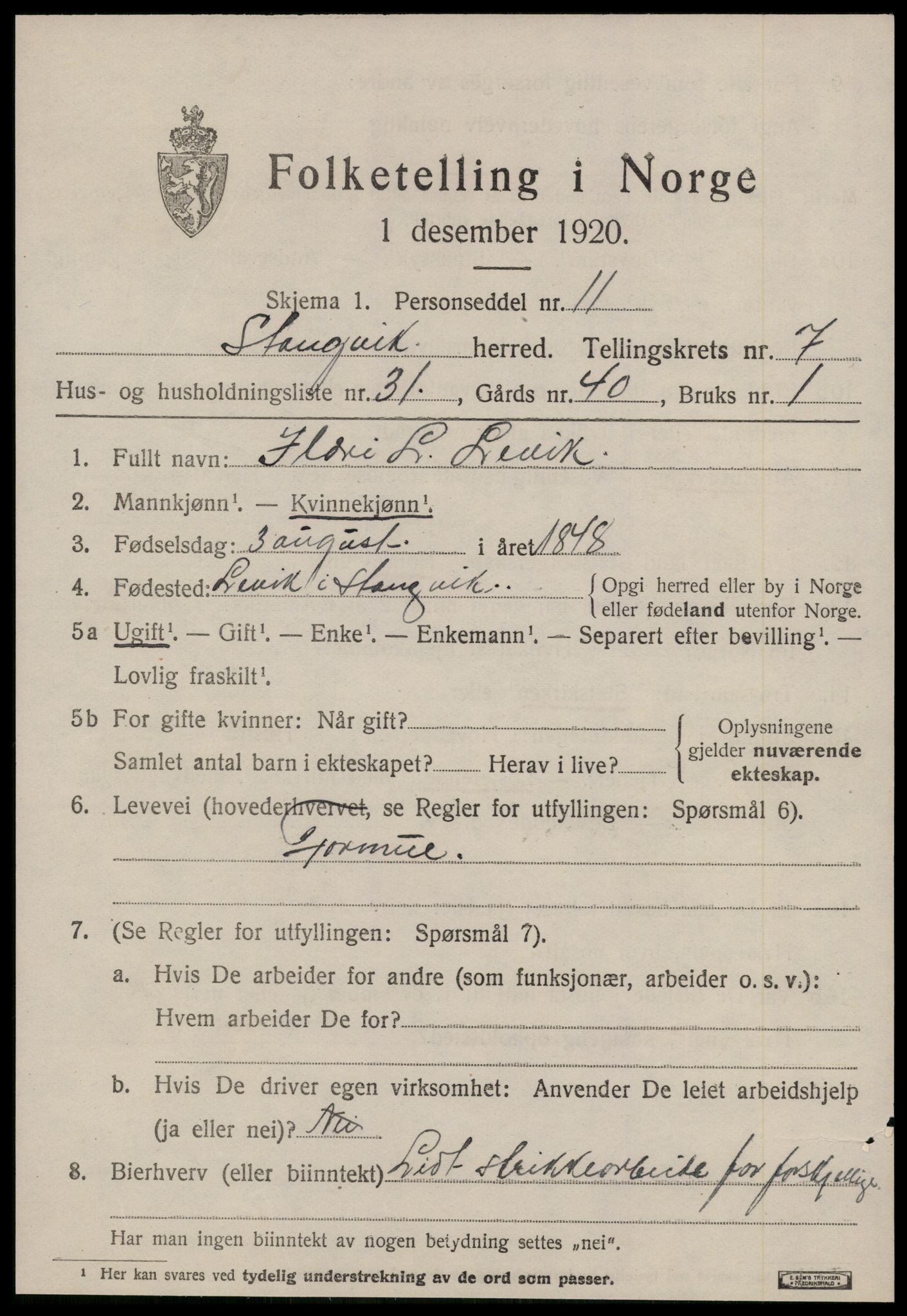 SAT, 1920 census for Stangvik, 1920, p. 4778