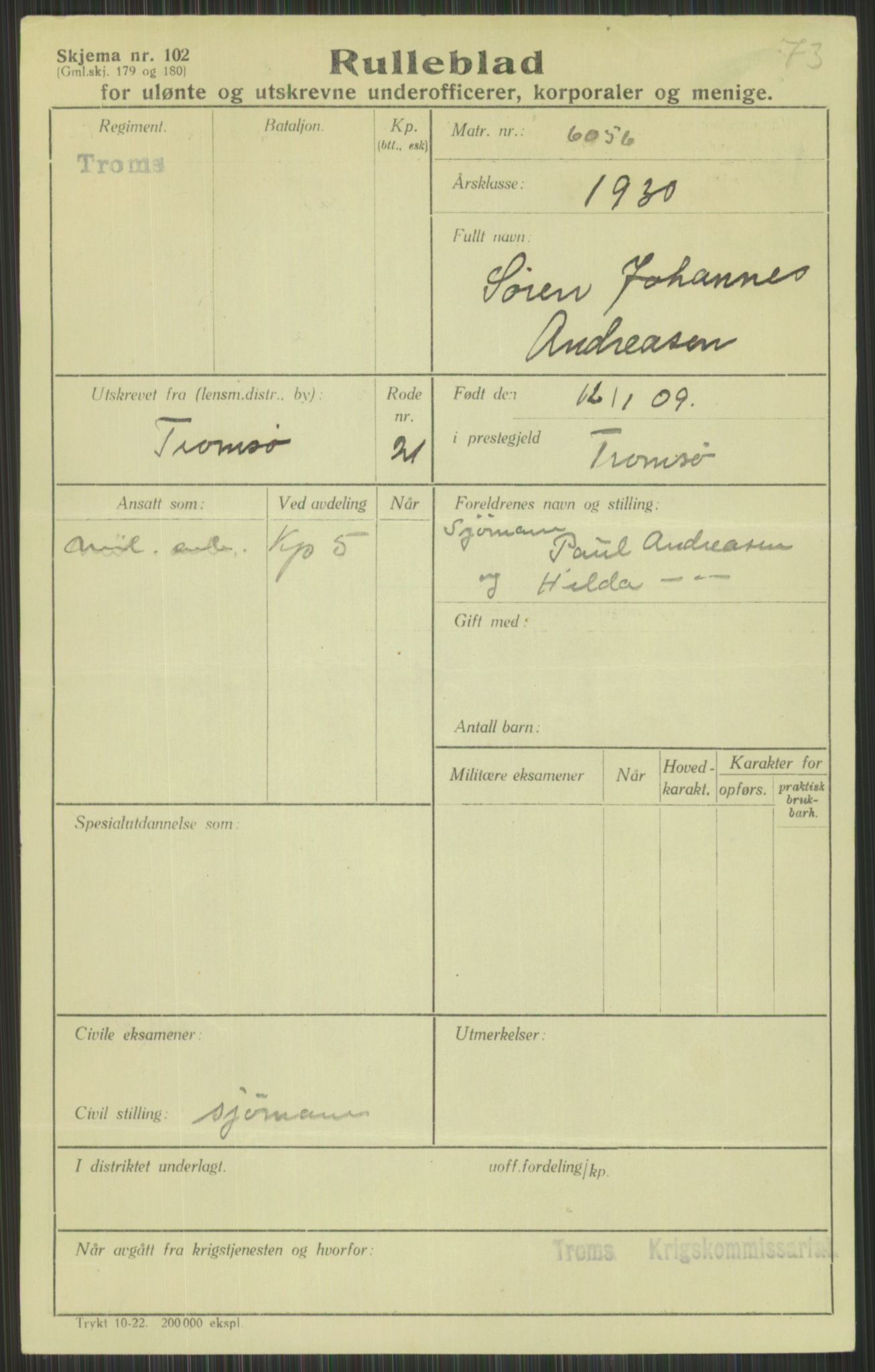 Forsvaret, Troms infanteriregiment nr. 16, AV/RA-RAFA-3146/P/Pa/L0014: Rulleblad for regimentets menige mannskaper, årsklasse 1930, 1930, p. 31