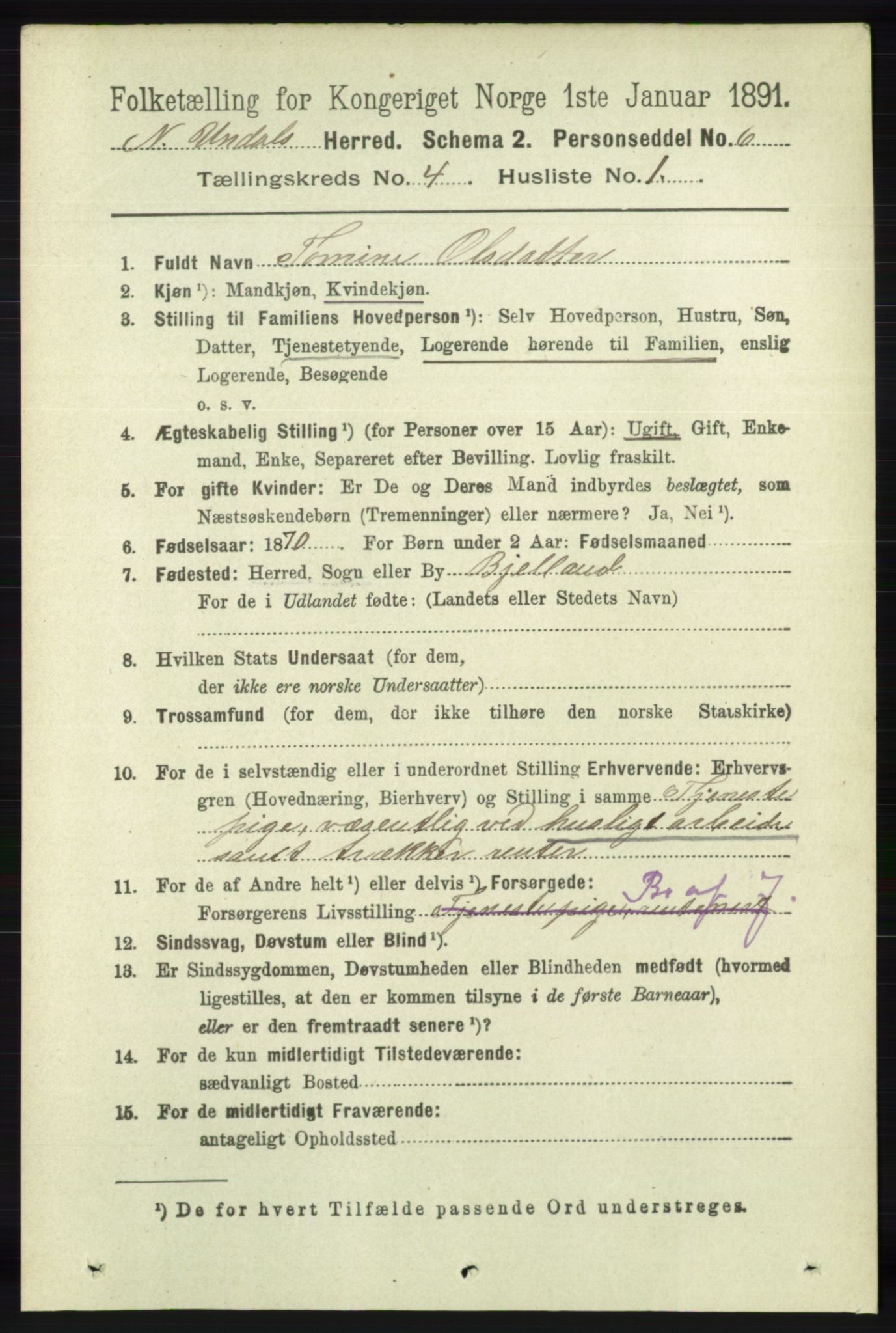 RA, 1891 census for 1028 Nord-Audnedal, 1891, p. 1100