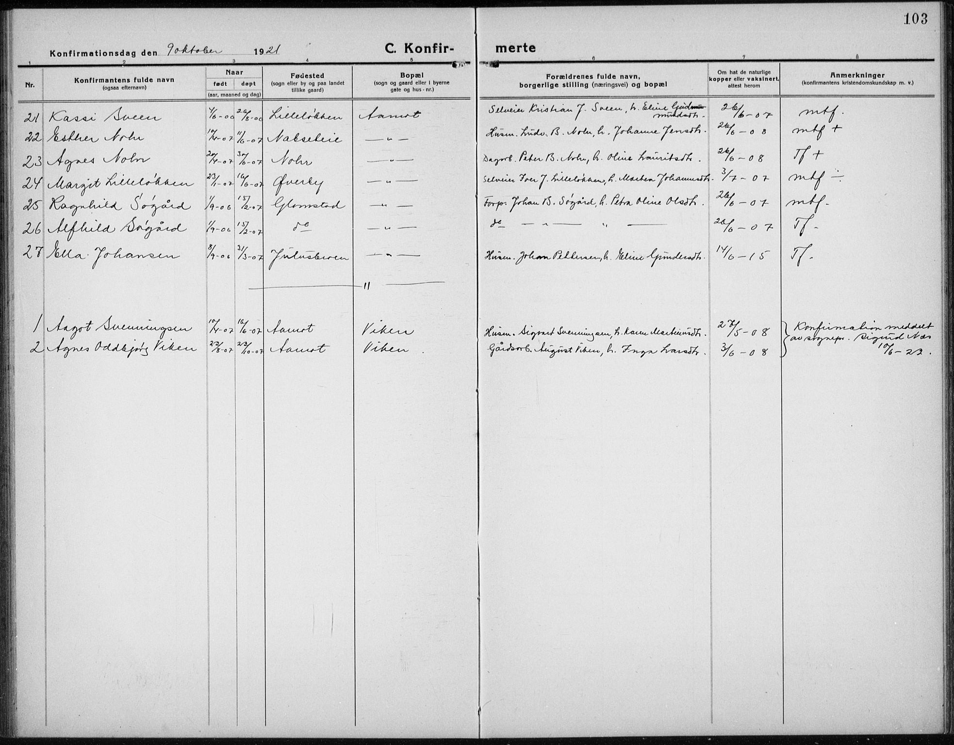 Åmot prestekontor, Hedmark, AV/SAH-PREST-056/H/Ha/Hab/L0005: Parish register (copy) no. 5, 1921-1934, p. 103
