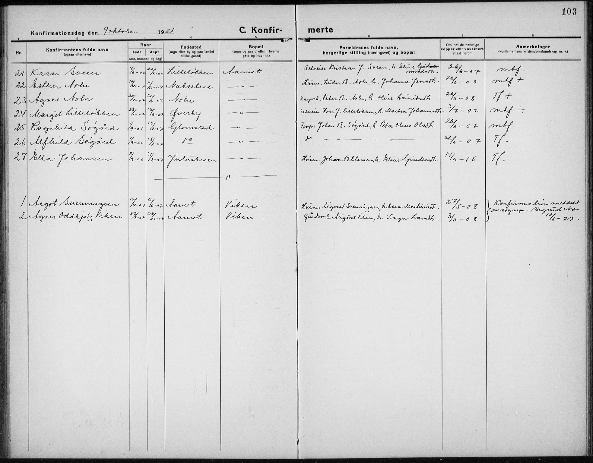 Åmot prestekontor, Hedmark, SAH/PREST-056/H/Ha/Hab/L0005: Parish register (copy) no. 5, 1921-1934, p. 103