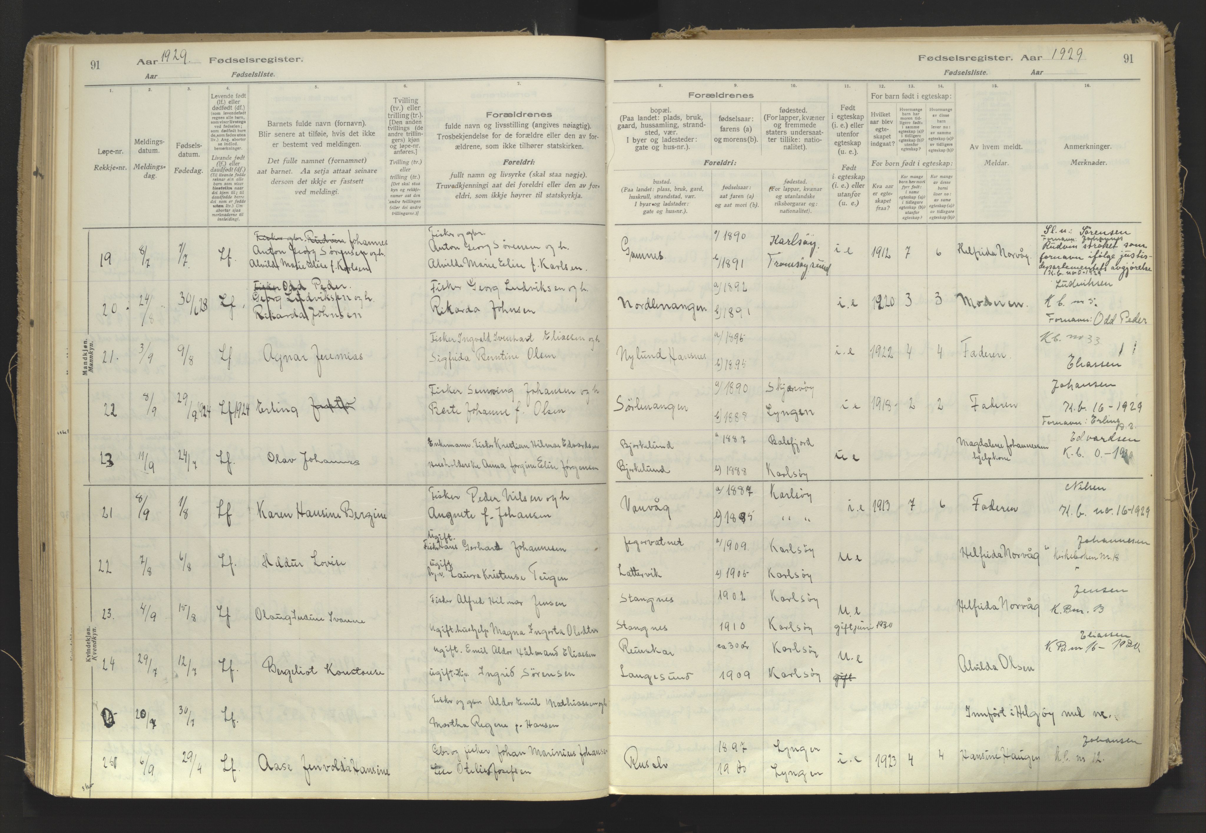 Karlsøy sokneprestembete, AV/SATØ-S-1299/I/Ic/L0064: Birth register no. 64, 1916-1943, p. 91