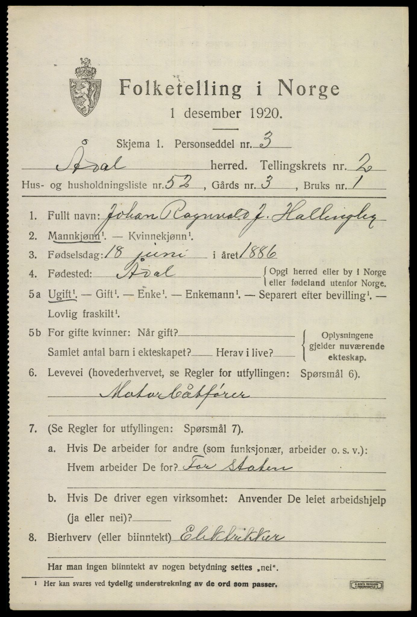 SAKO, 1920 census for Ådal, 1920, p. 2786