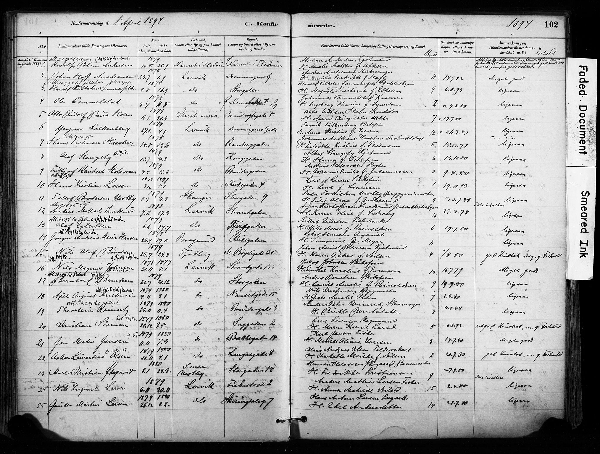 Larvik kirkebøker, SAKO/A-352/F/Fa/L0008: Parish register (official) no. I 8, 1884-1902, p. 102