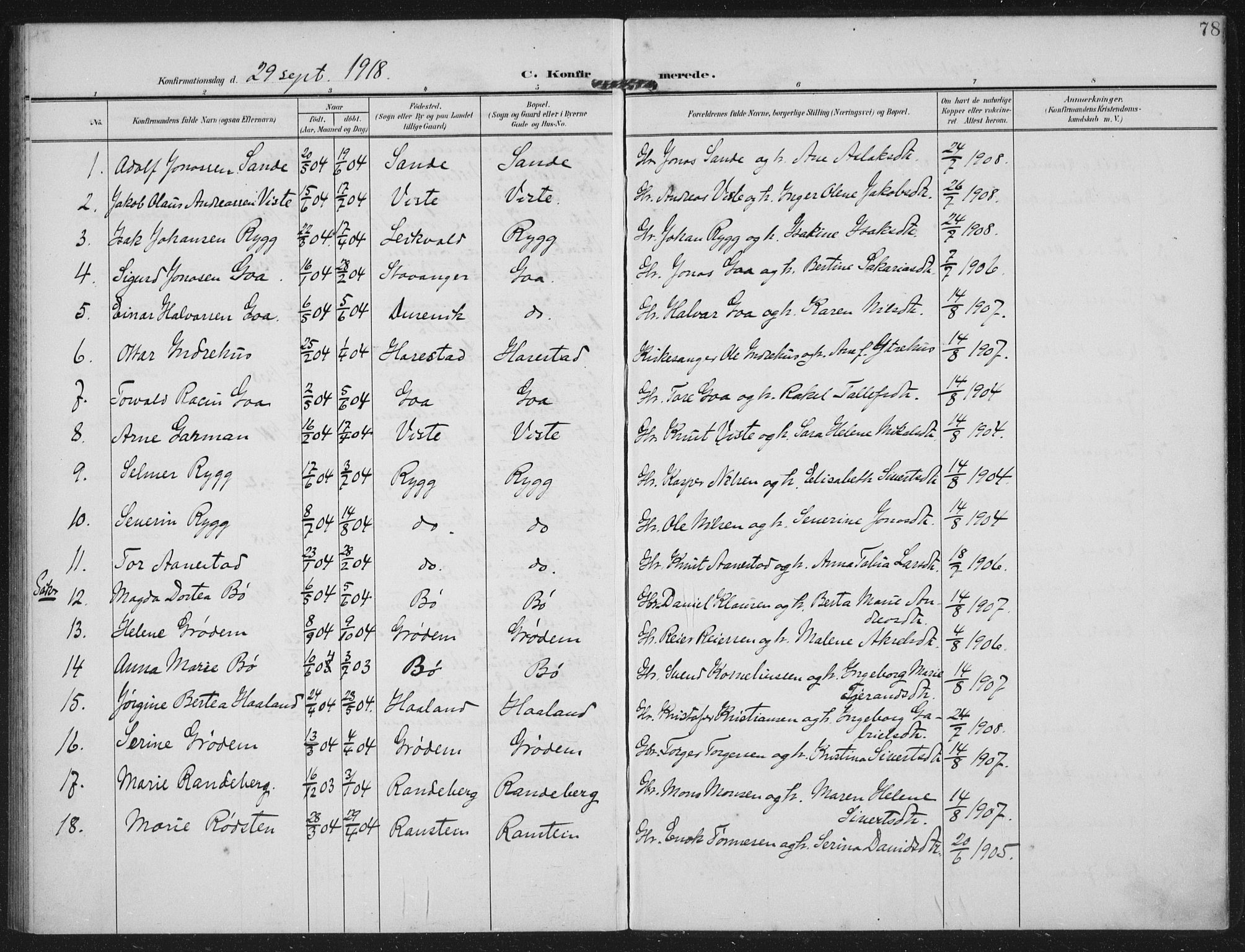 Hetland sokneprestkontor, AV/SAST-A-101826/30/30BA: Parish register (official) no. A 14, 1905-1919, p. 78