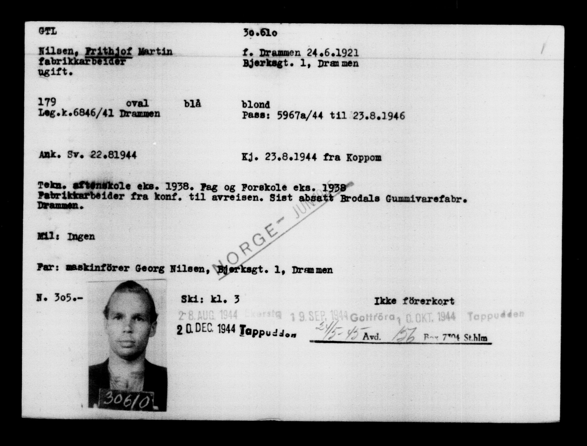 Utenriksstasjonene, Legasjonen i Stockholm, Flyktningkontoret, AV/RA-S-6753/V/Va/L0012: Kjesäterkartoteket, flyktninger med registreringsnr. 28300-31566, 1940-1945, p. 2519