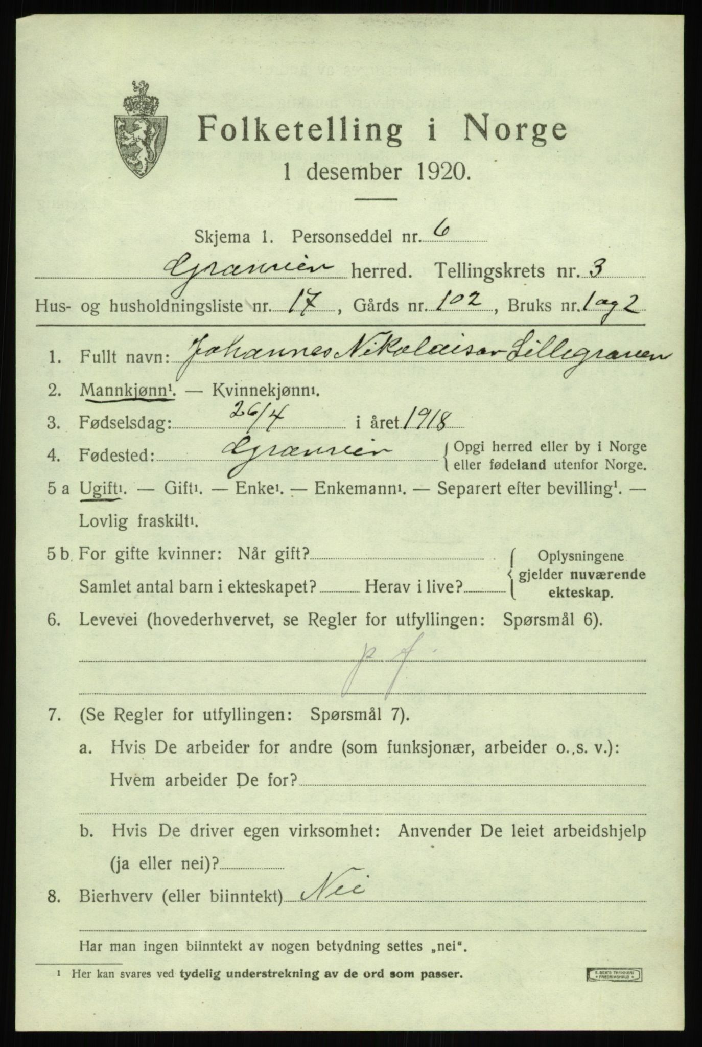 SAB, 1920 census for Granvin, 1920, p. 1324