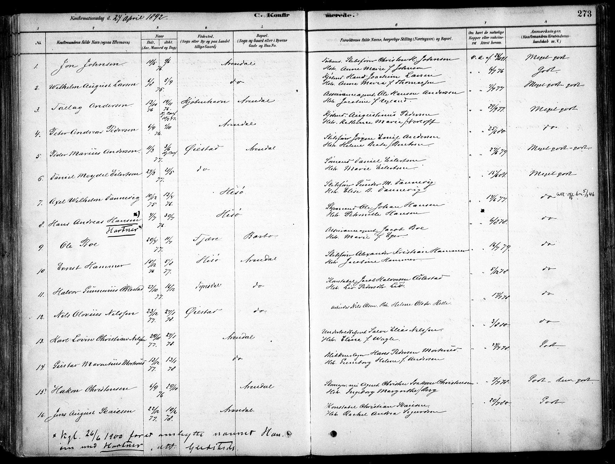 Arendal sokneprestkontor, Trefoldighet, SAK/1111-0040/F/Fa/L0008: Parish register (official) no. A 8, 1878-1899, p. 273