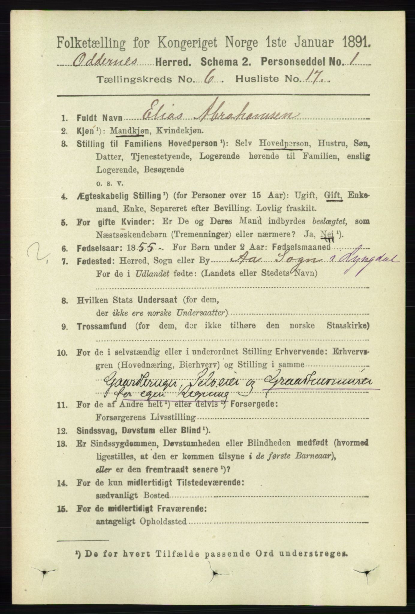 RA, 1891 census for 1012 Oddernes, 1891, p. 2288